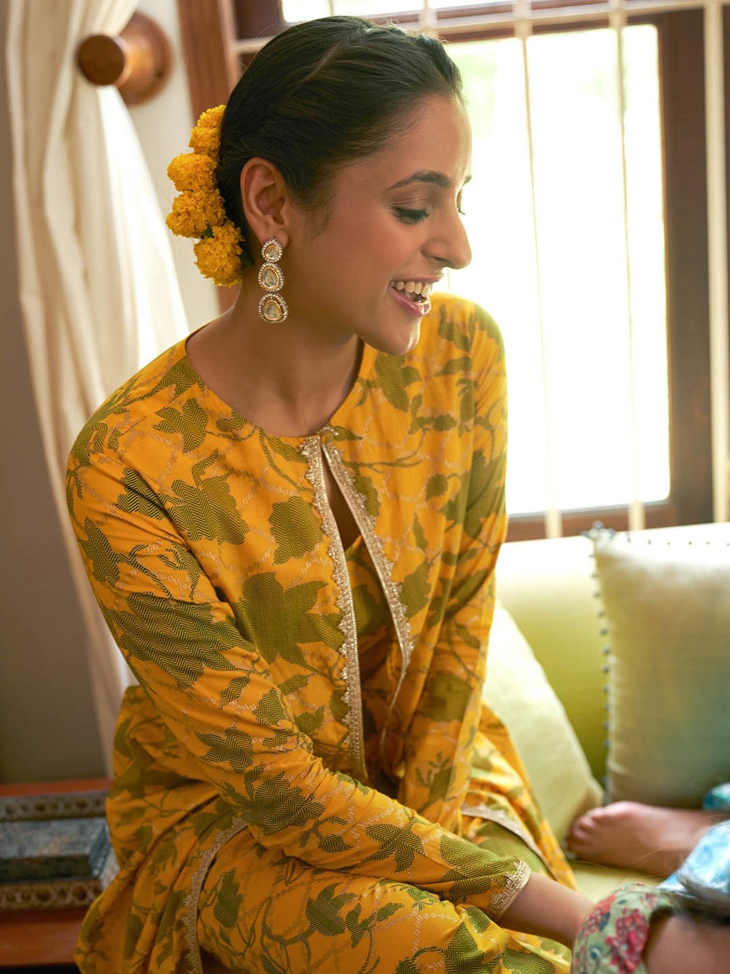 Janasya Mustard Cotton Floral Print Top & Pant Set With Jacket