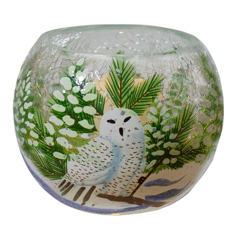 Northlight 4" Hand Painted Owl and Pine Trees Glass Tealight Christmas Candle Holder