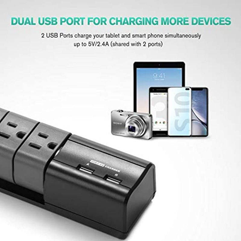 Flat Plug Surge Protector, Nekteck Surge Protector Power Strip with 2 USB Port and 6 Rotating-Outlet, 590 Joule,15A 1800W 6ft Extension Cord, Wall-mountable Surge Protector for Home Office Hotel
