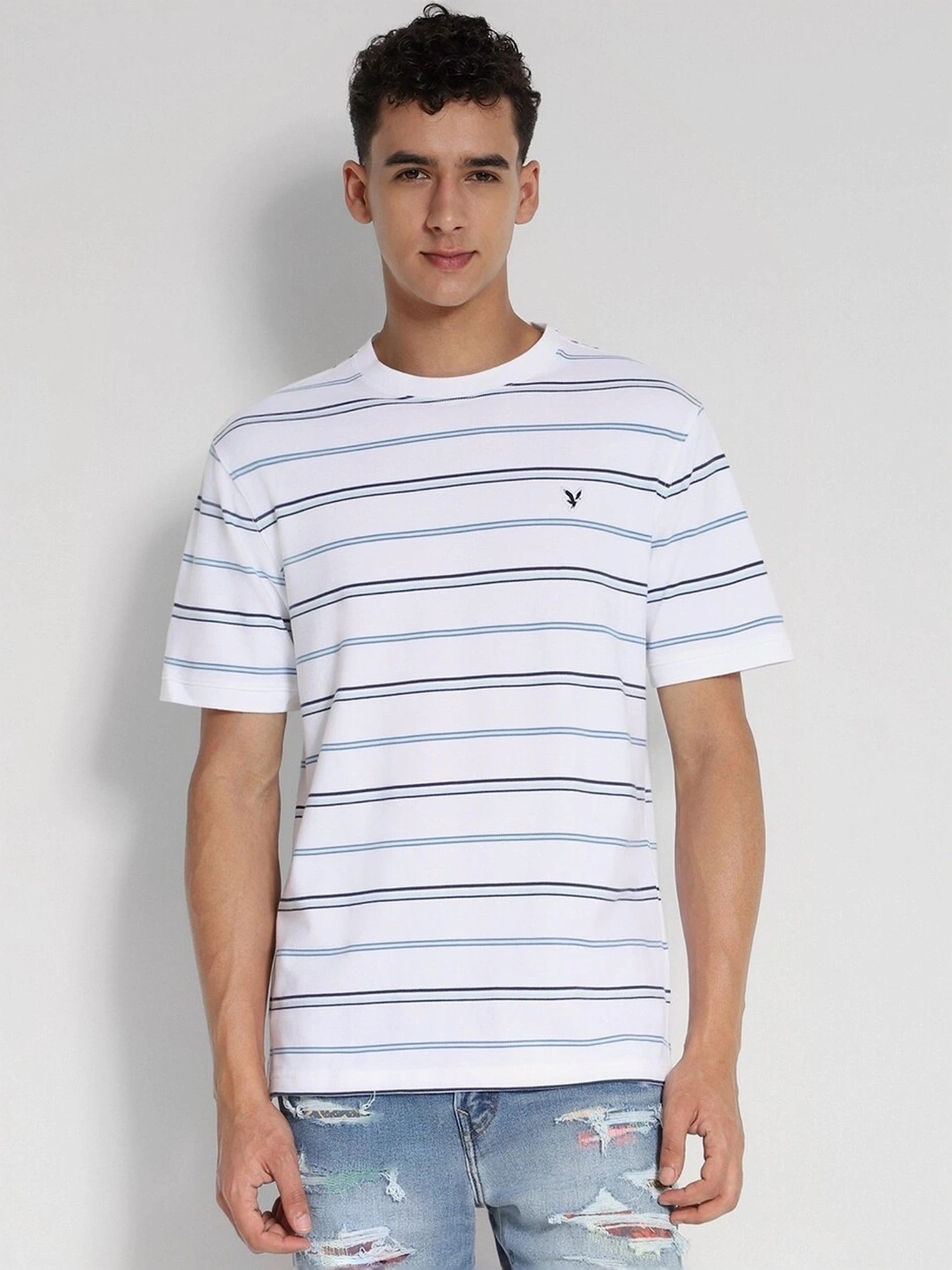 American Eagle White Cotton Regular Fit Striped T-Shirt