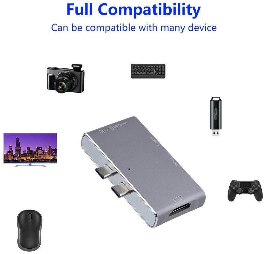 Zerone Multiport USB C Adapter, Dual Type-C HUB to HDMI 4K HUB + Card Reader + Thunderbolt 3 Interface Grey