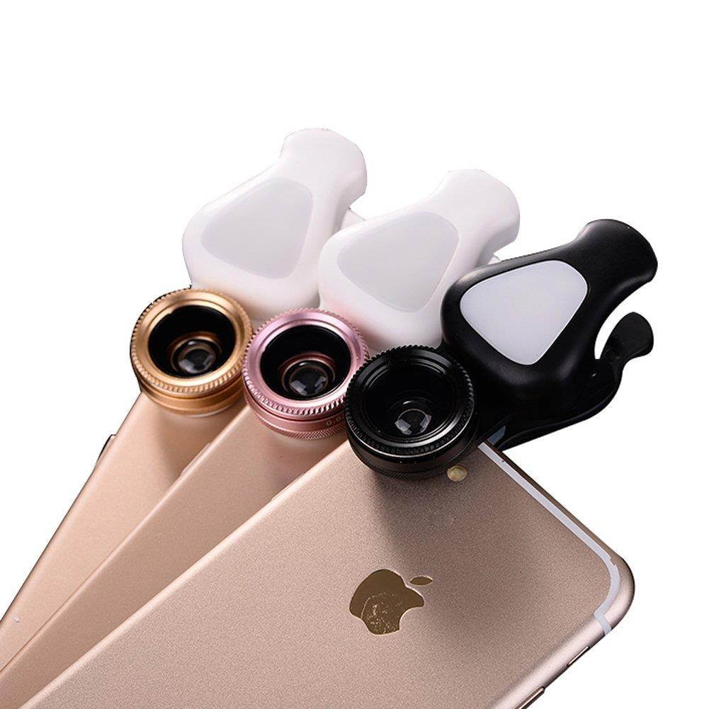 EIGIIS 4 In 1 Cell Phone Lens With Beauty 8 LED Flash Light 205&deg;Fisheye Lens 15X Macro Lens 0.62X Wide Angle Lens For Most Smartphones (Rose Gold)