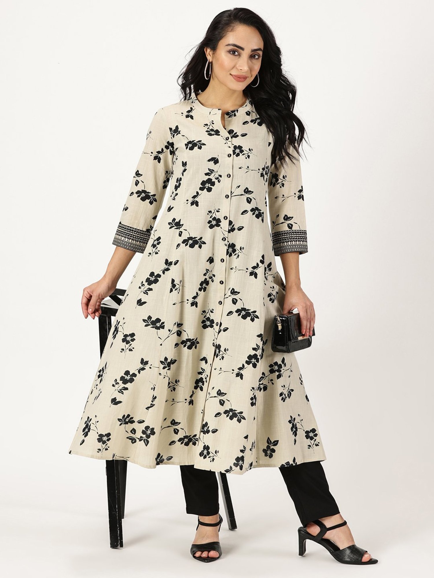 Saffron Threads Beige Cotton Floral Print A Line Kurta