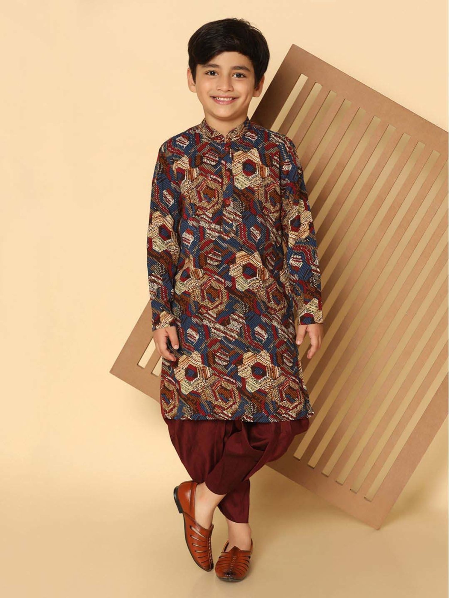 KISAH Kids Maroon & Blue Printed Full Sleeves Kurta Set