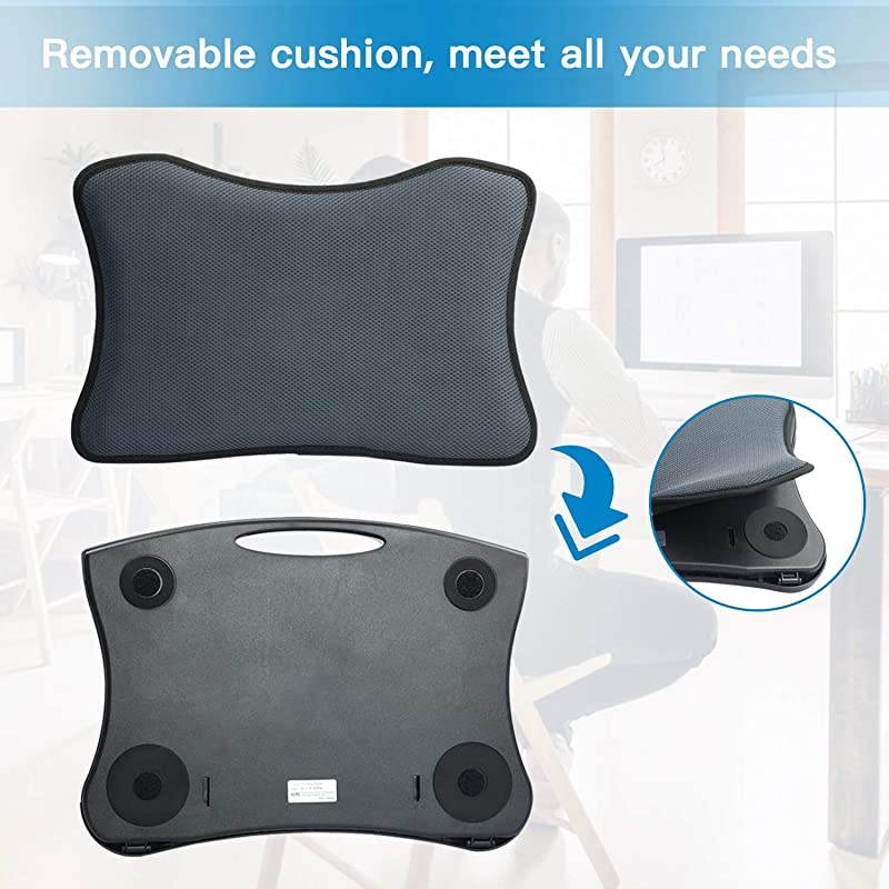 Adjustable Lap Desk with Cooling Fan, Fits 15.6 Inch Laptops, Comfortable Laptop Desk Stand with 5 Adjustable Angles, Detachable Mouse Pad & Mesh Cushion Base