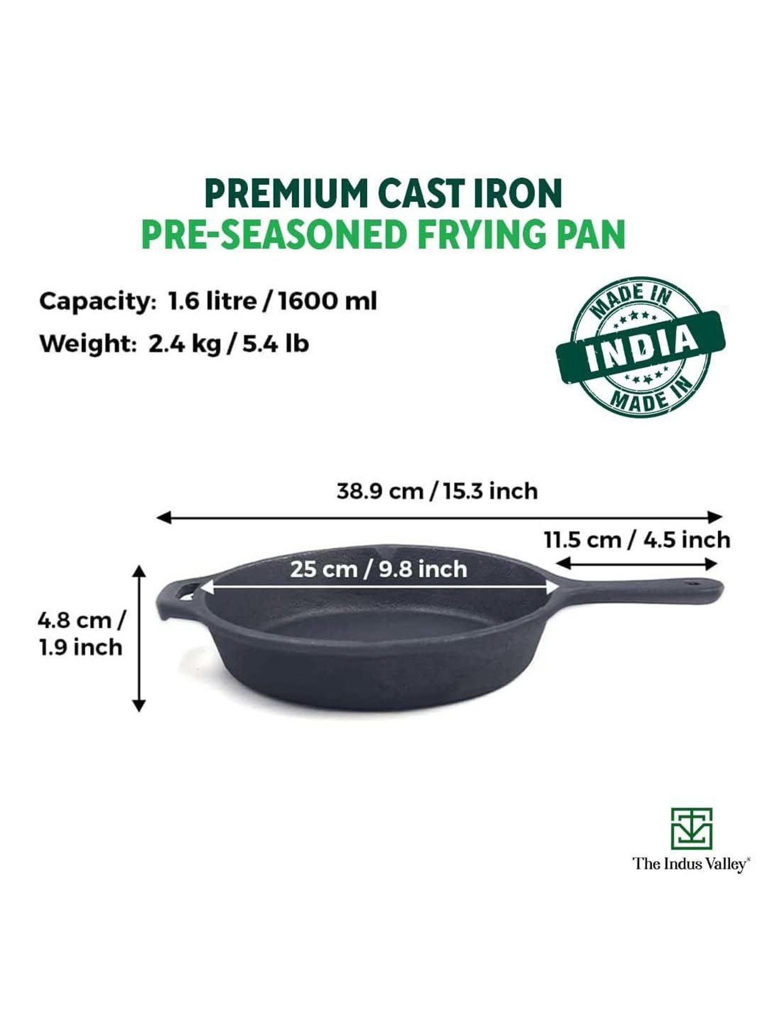 The Indus Valley Black Cast Iron Long Skillet With Handle (1.6 L)