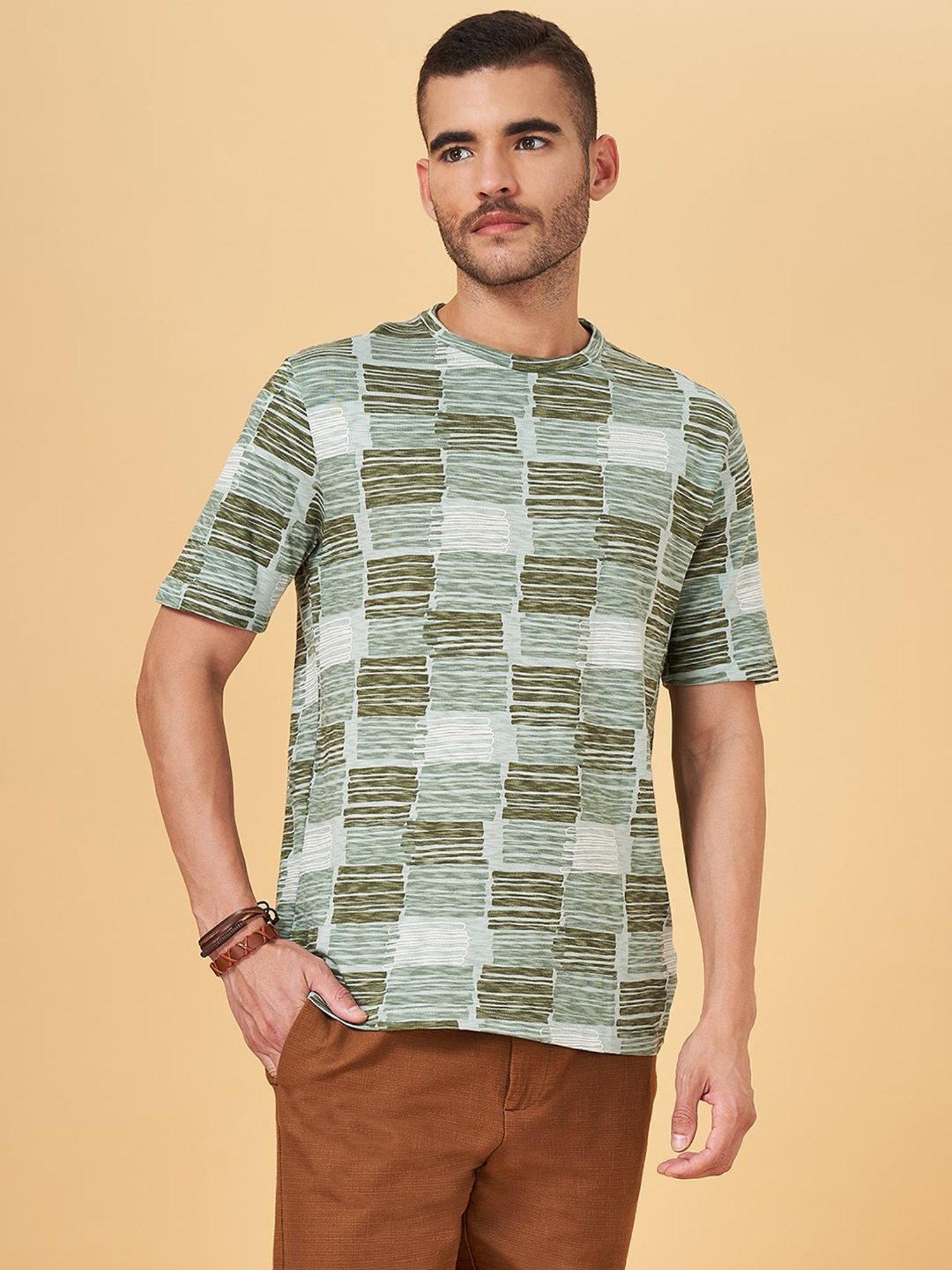 7 Alt by Pantaloons Dark Green Cotton Relaxed Fit Printed T-Shirt