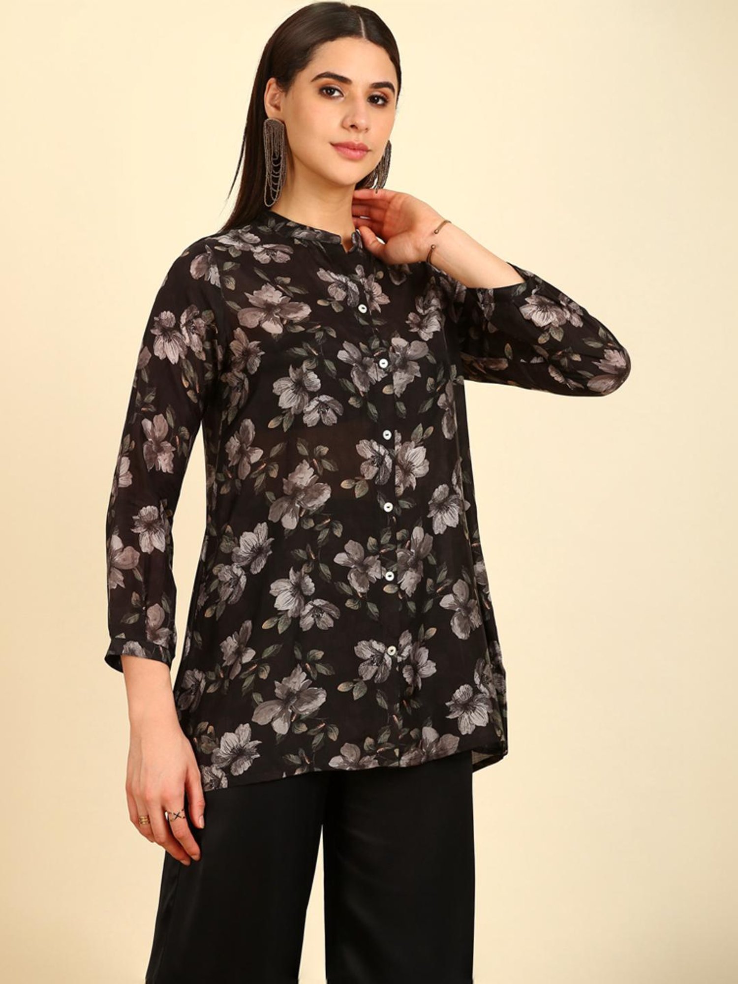 Soch Womens Black Floral Print Mandarin Collar Vicose Muslin Tunic