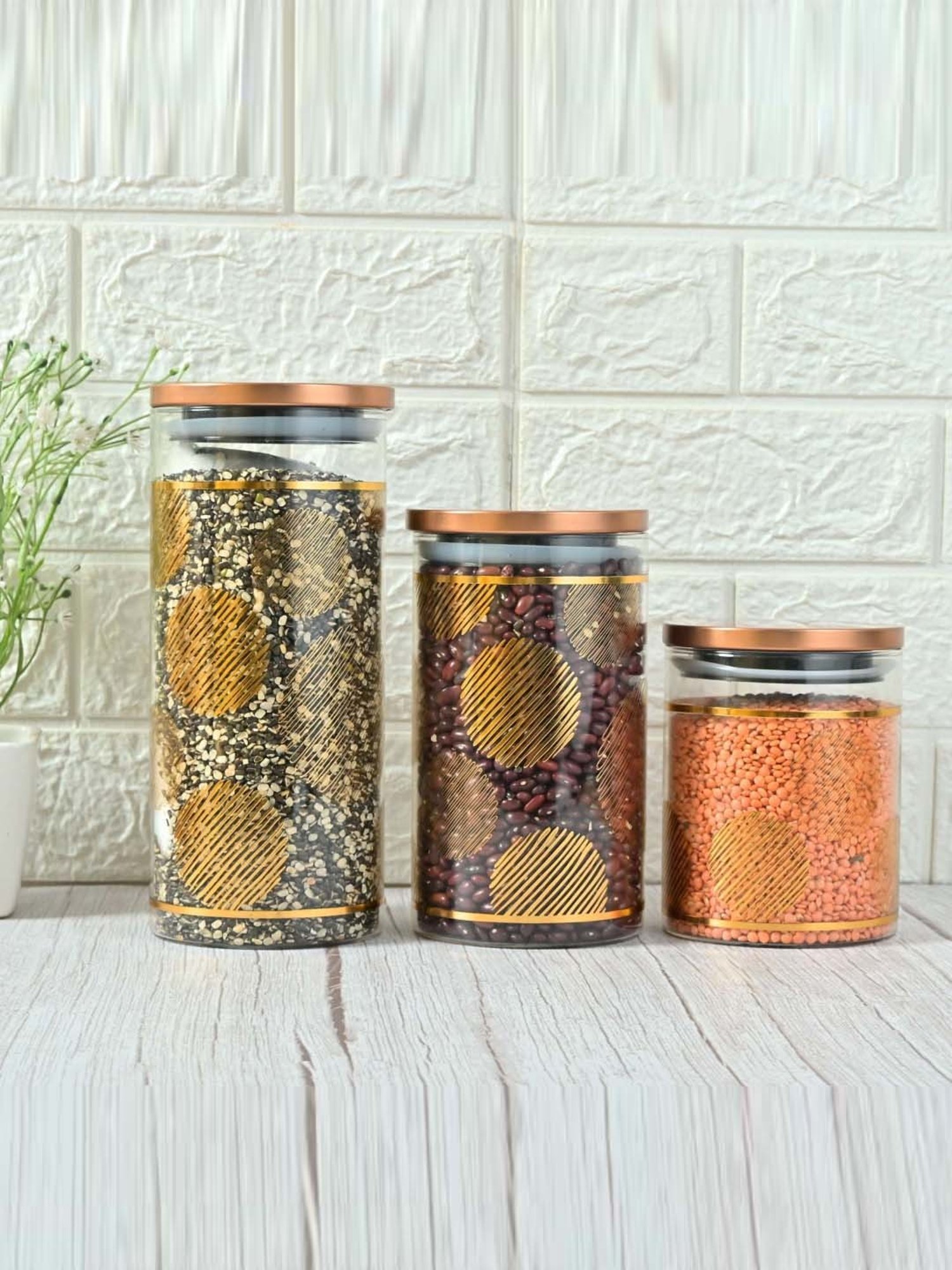 Femora Golden Borosilicate Glass Kitchen Storage Jar With Airtight Steel Lid (1.1 L) - Set of 2