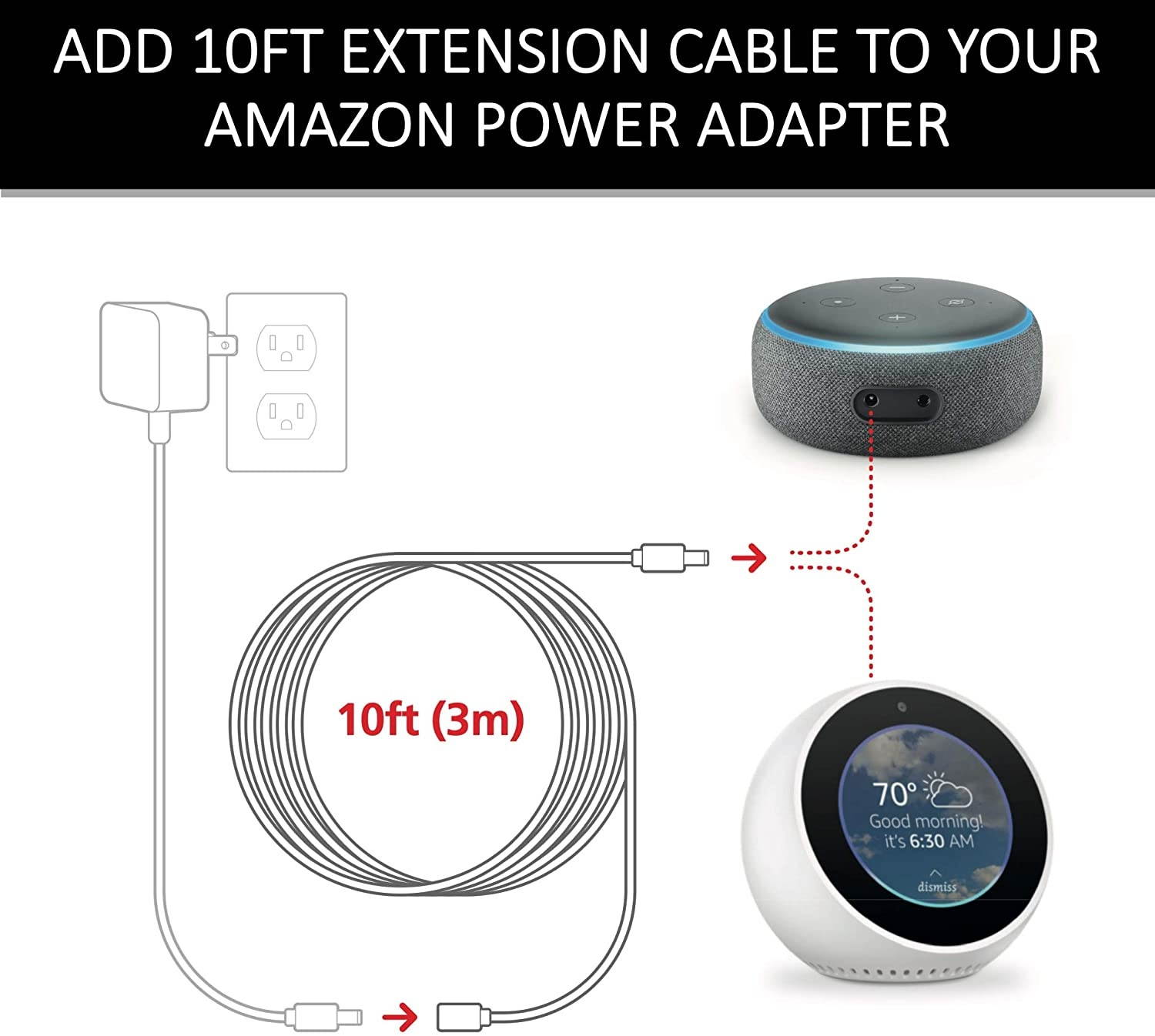 Made for Amazon 10FT Power Cable Extender for Echo Dot (3rd Gen) and Echo Spot