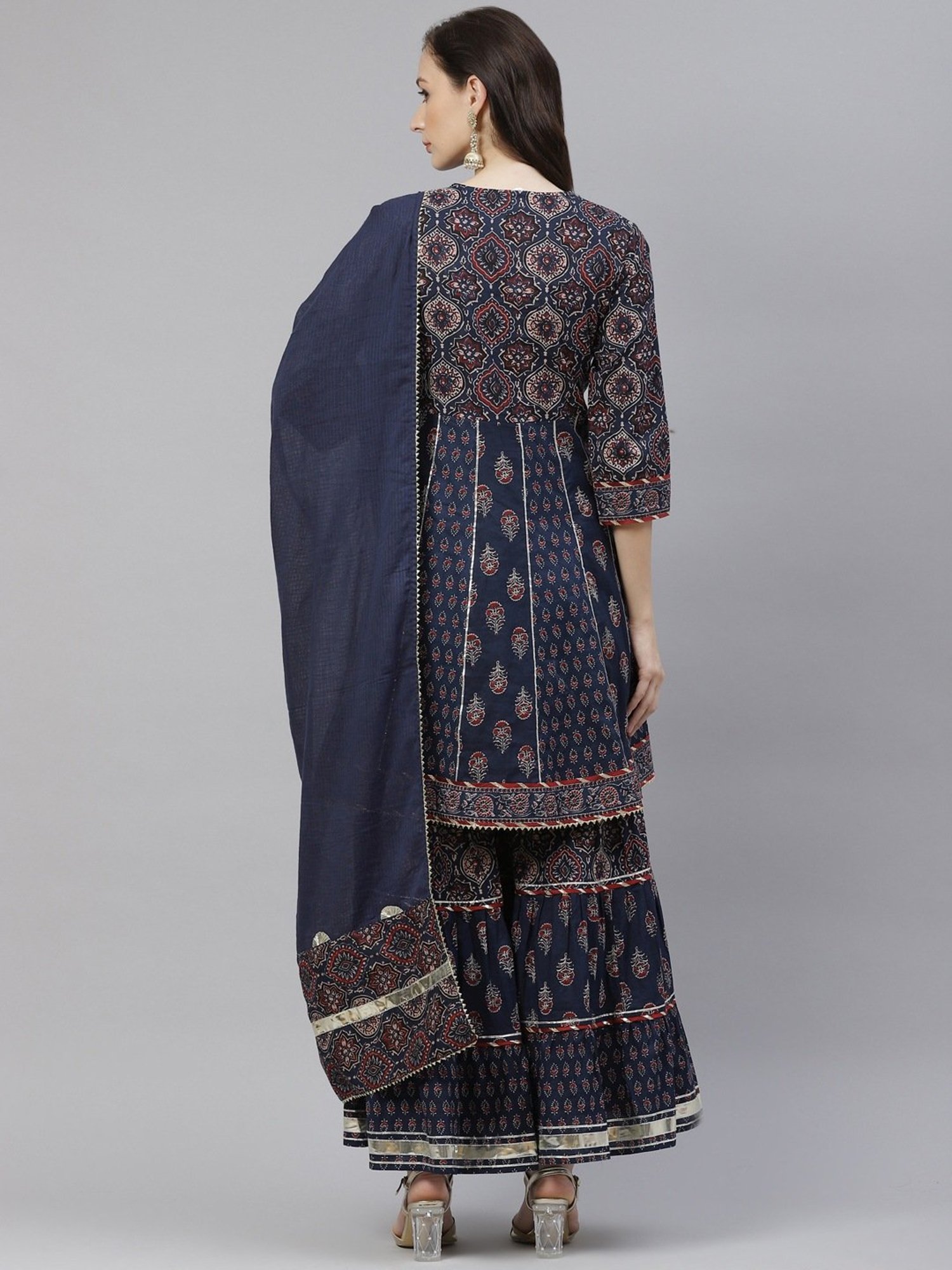 Divena Blue Cotton Embroidered Kurta Sharara Set With Dupatta