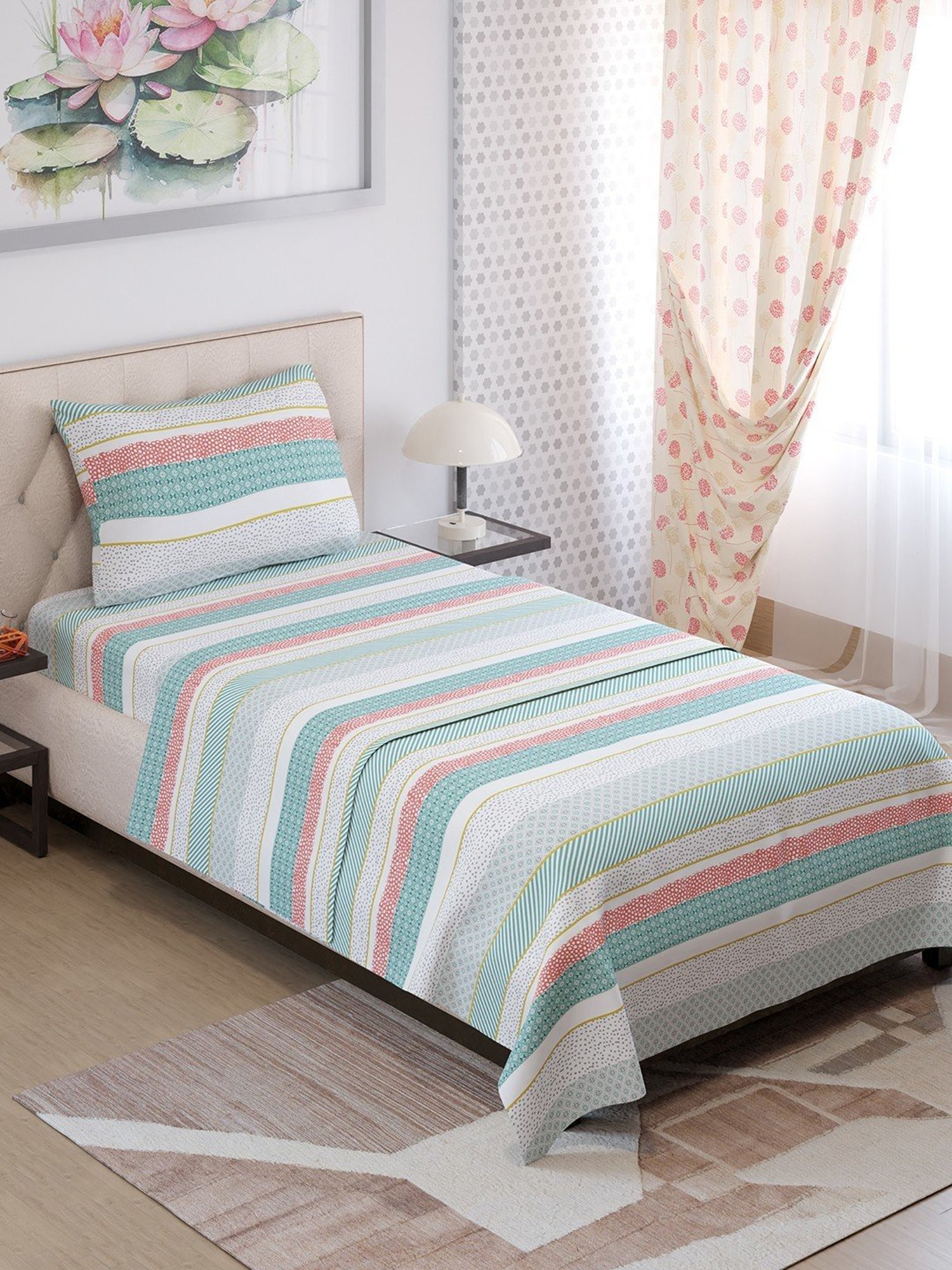 Layers Zen Green & Red Cotton Blend 225 TC Single Bedsheet with Pillow Cover