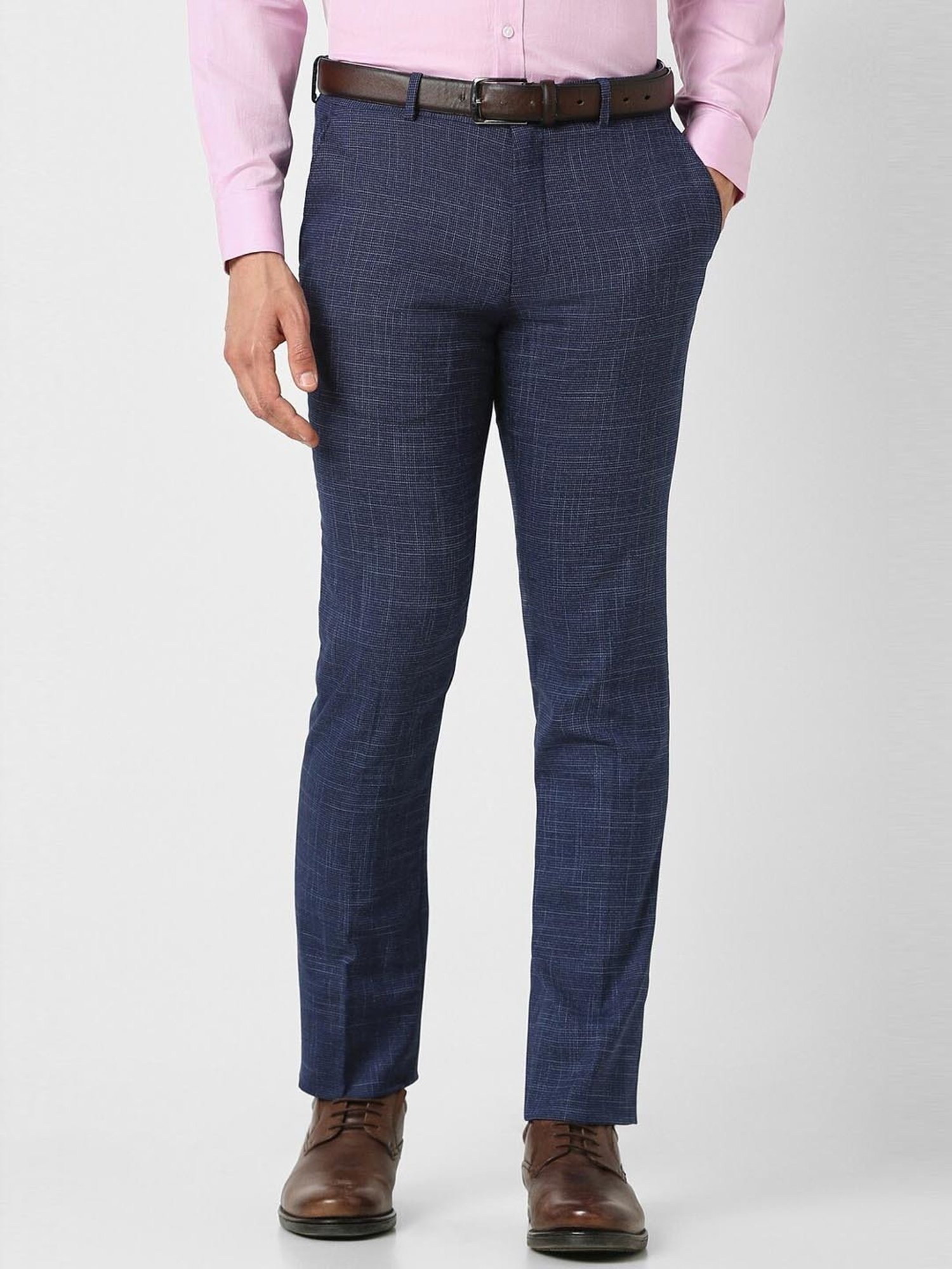 V Dot Navy Skinny Fit Self Pattern Trousers