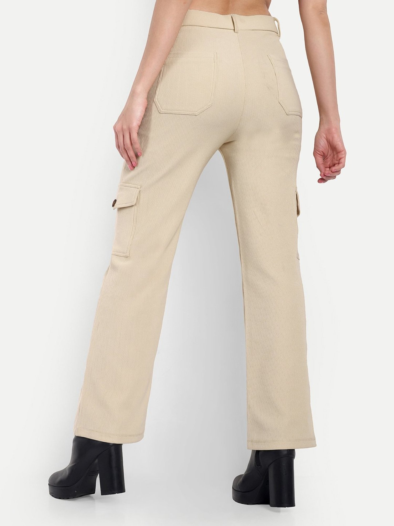 Broadstar Beige Cotton Straight Fit High Rise Cargo Pants