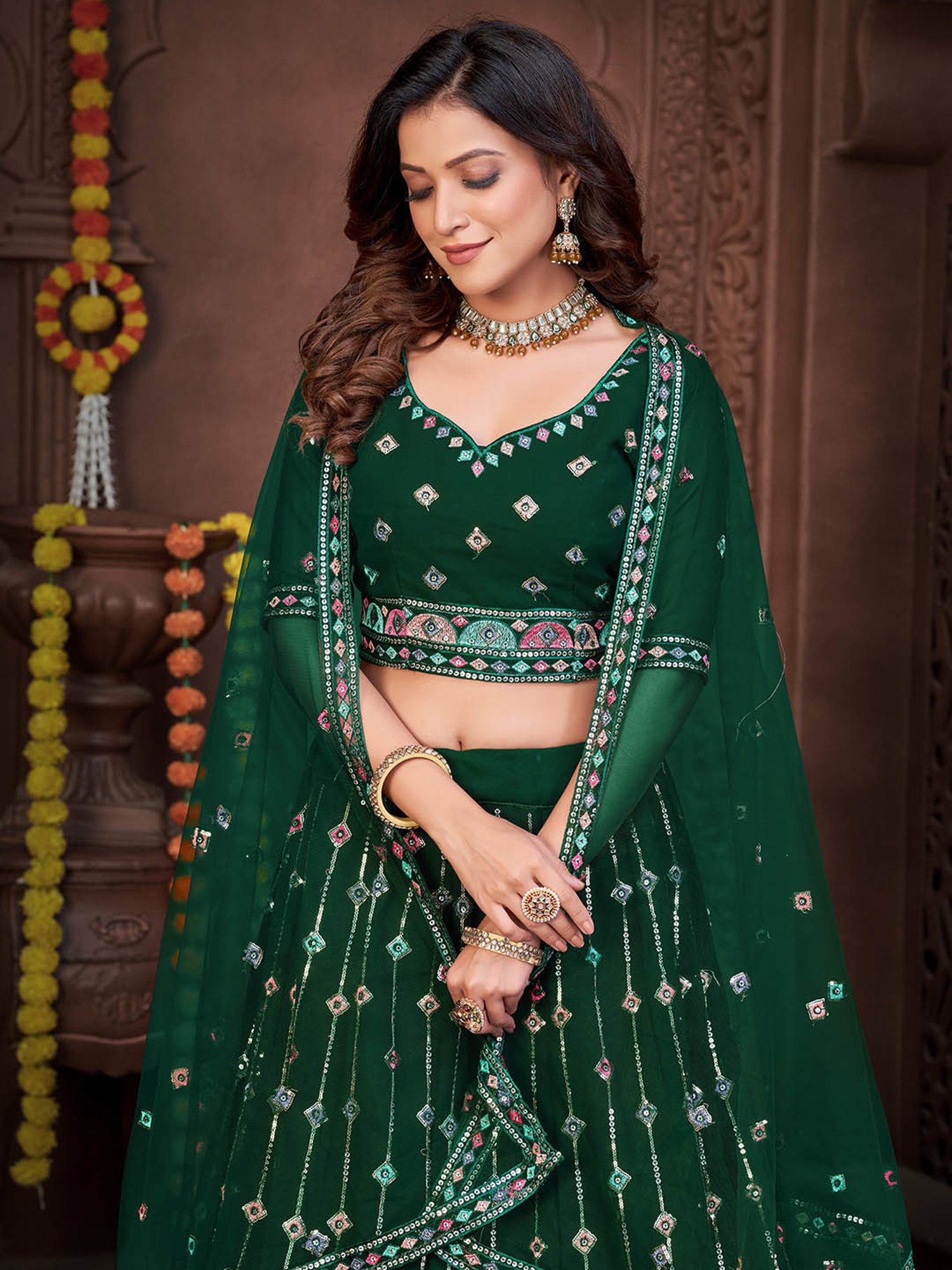 Warthy Ent Green Embroidered Lehenga Choli Set With Dupatta
