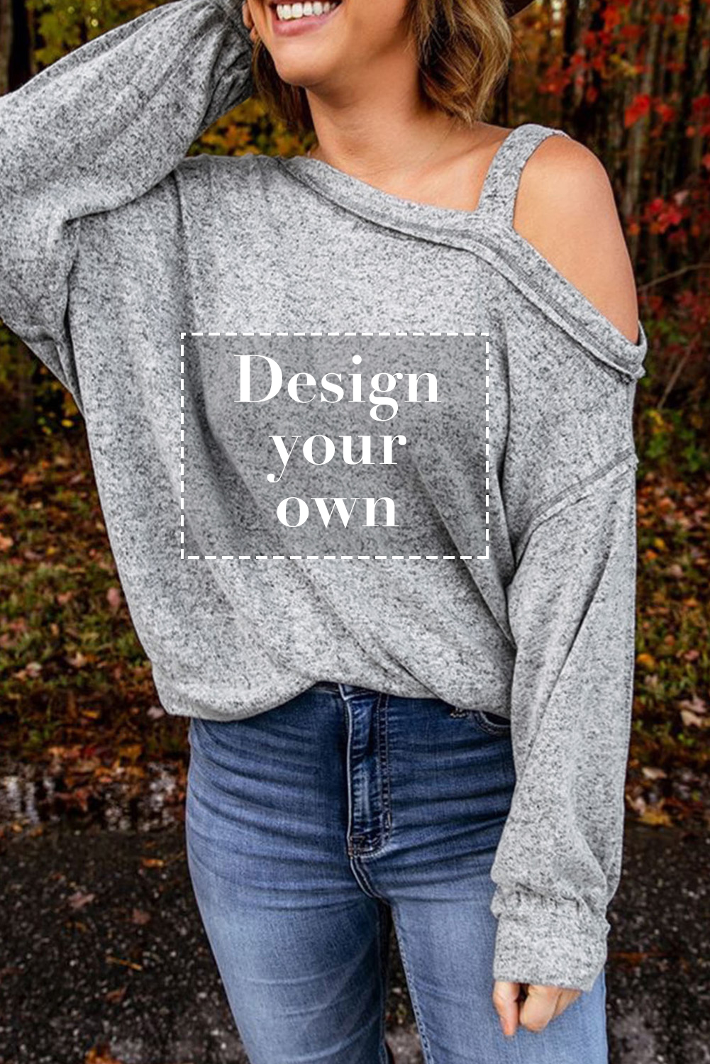 Blank Sweatshirt - Gray Loose Fit Long Sleeve One Shoulder Top Customized