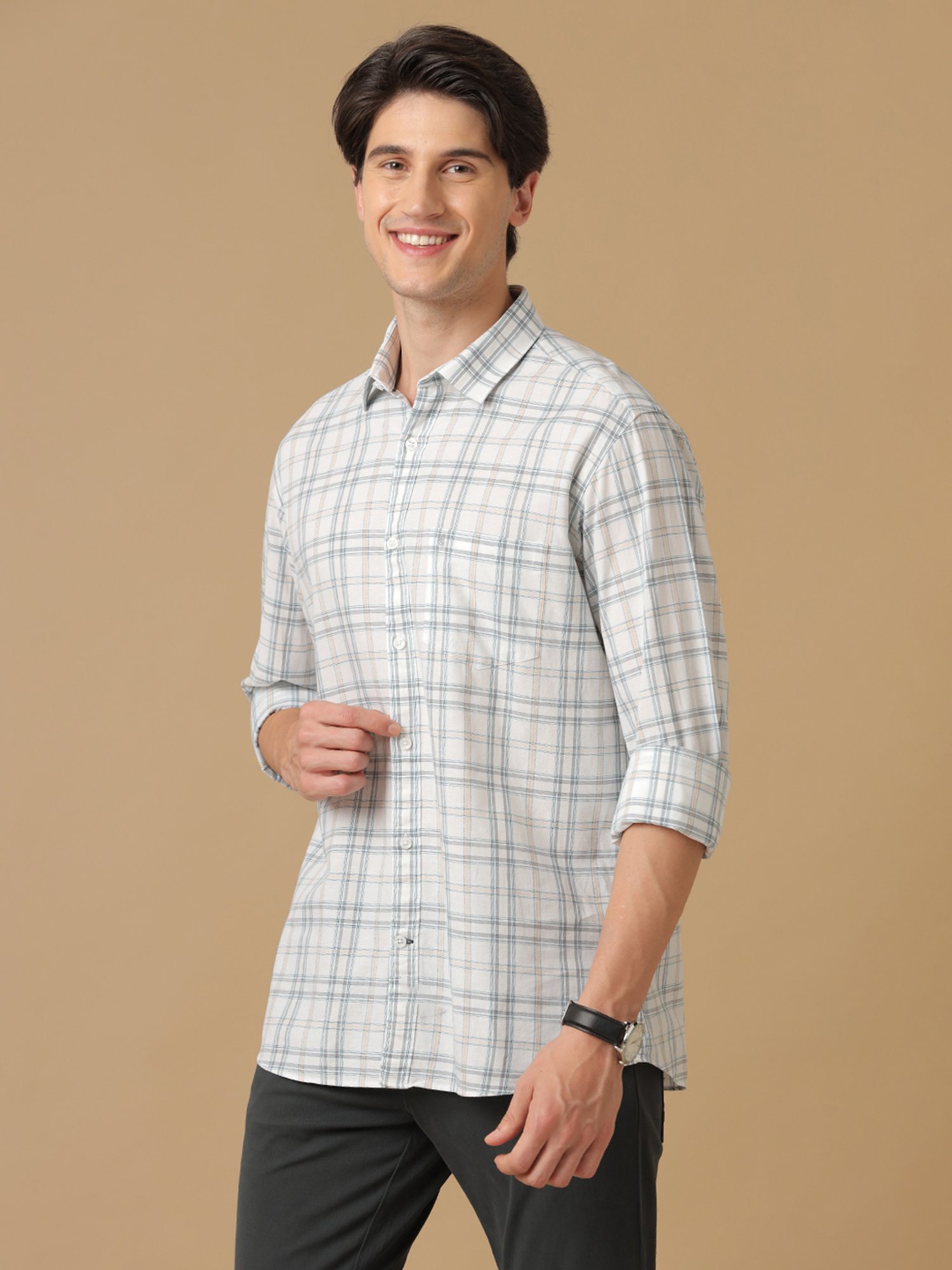 CAVALLO by Linen Club White Contemporary Fit Check Shirt