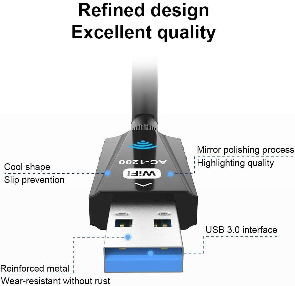 USB WiFi Adapter 1200Mbps Techkey Wireless Network Adapter USB 3.0 WiFi 802.11 ac with Dual Band 2.42GHz/300Mbps/5.8GHz/866Mbps 5dBi High Gain Antenna for Desktop Laptop Windows XP/7-10/ Mac OS