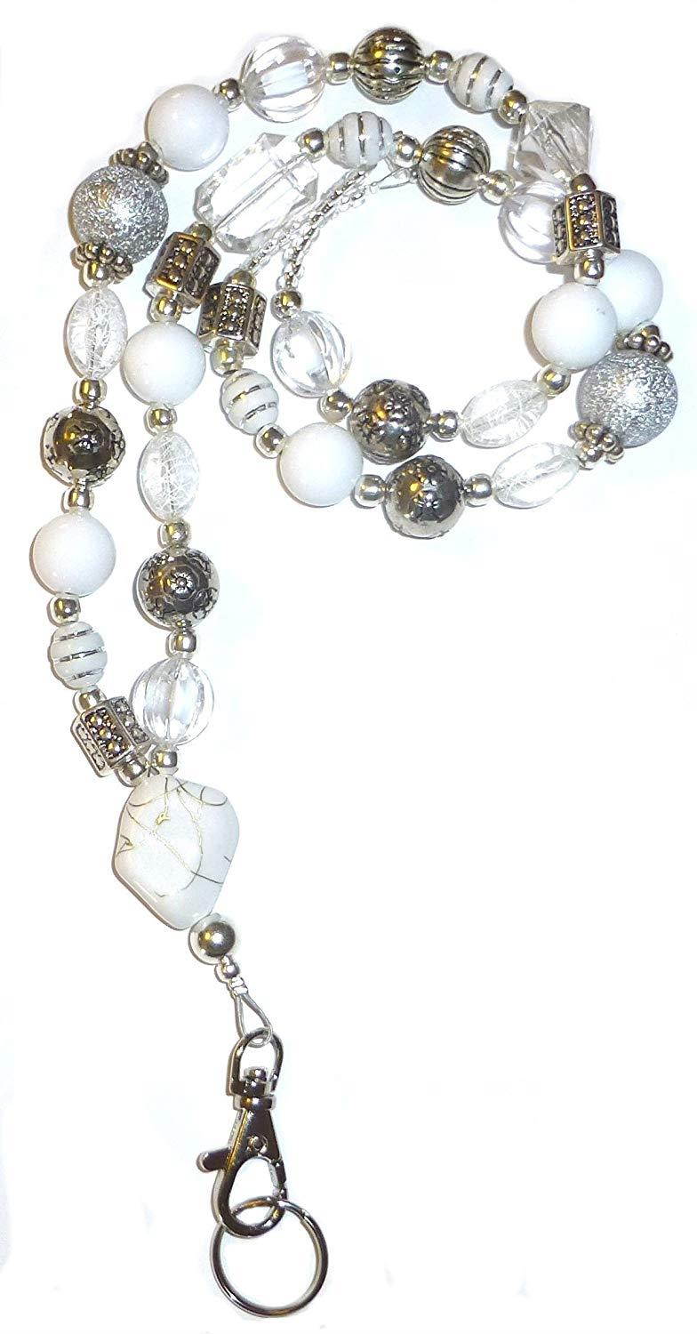 Chunky Style Fashion Women's Beaded Lanyard 34", Breakaway and Non breakaway available, For Keys, Badge Holder (Chunky White - Breakaway)