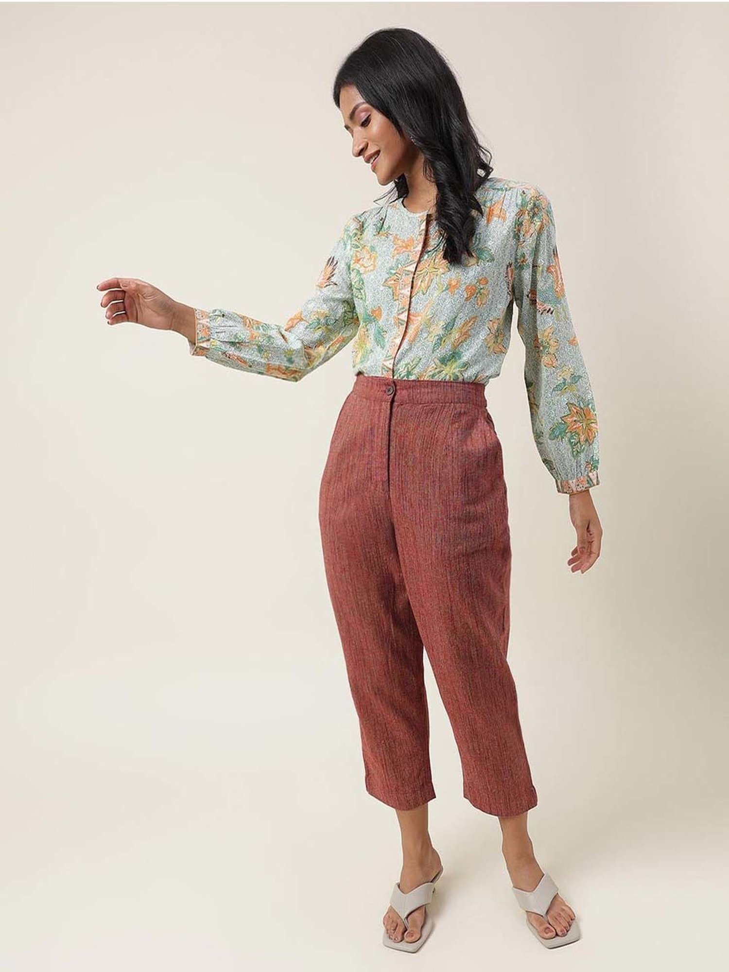 Fabindia Green Cotton Floral Print Top