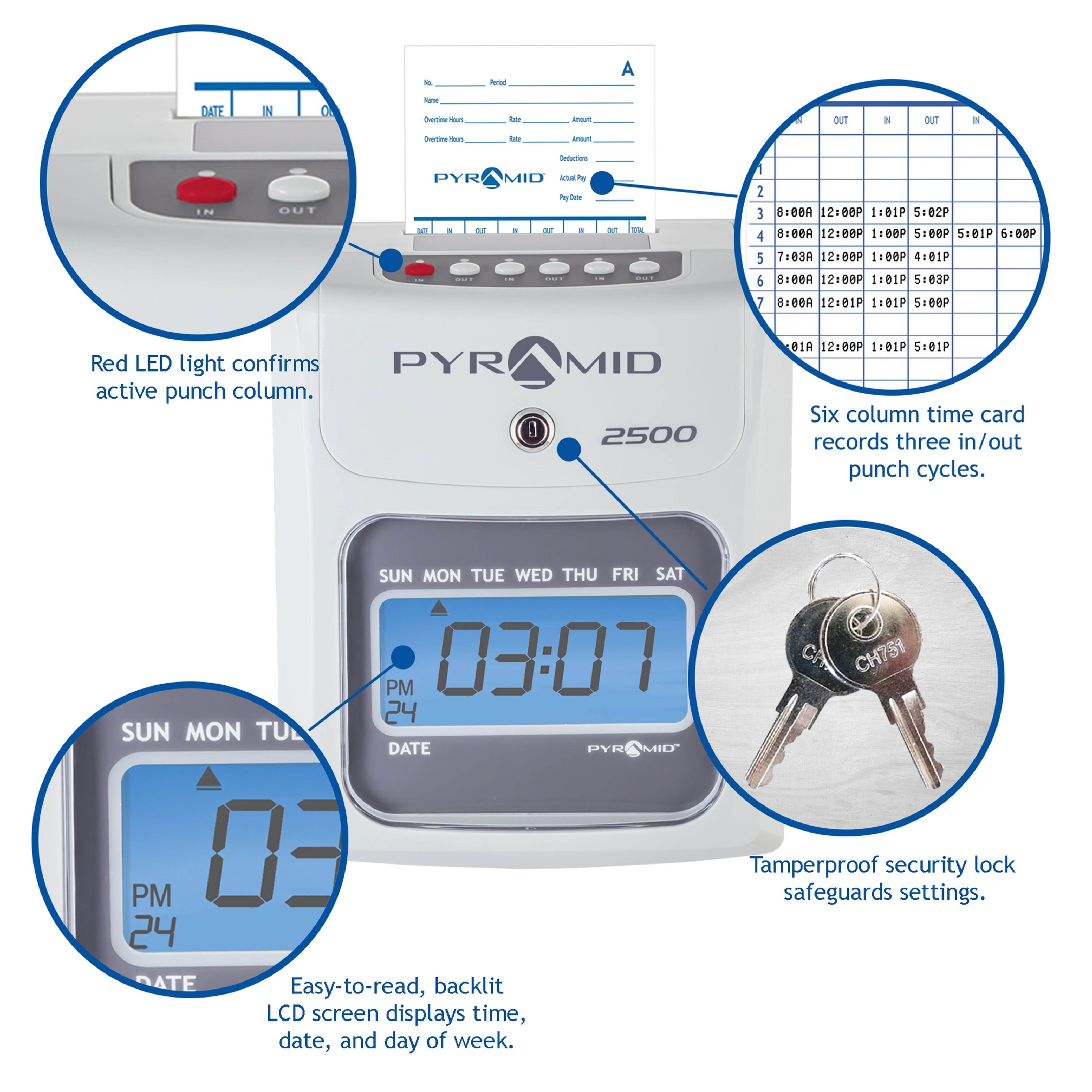 Pyramid Time Systems 2500K1 Bundle, Includes Model 2500 Auto Aligning and Top Loading Time Clock, 100 time Cards, Two Ink Ribbon cartridges, one 10 Slot time Card Rack and Two Security Keys