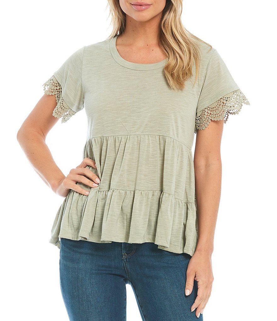 One World Apparel Slub Knit Scoop Neck Short Sleeve Tiered Hi-Low Babydoll Top