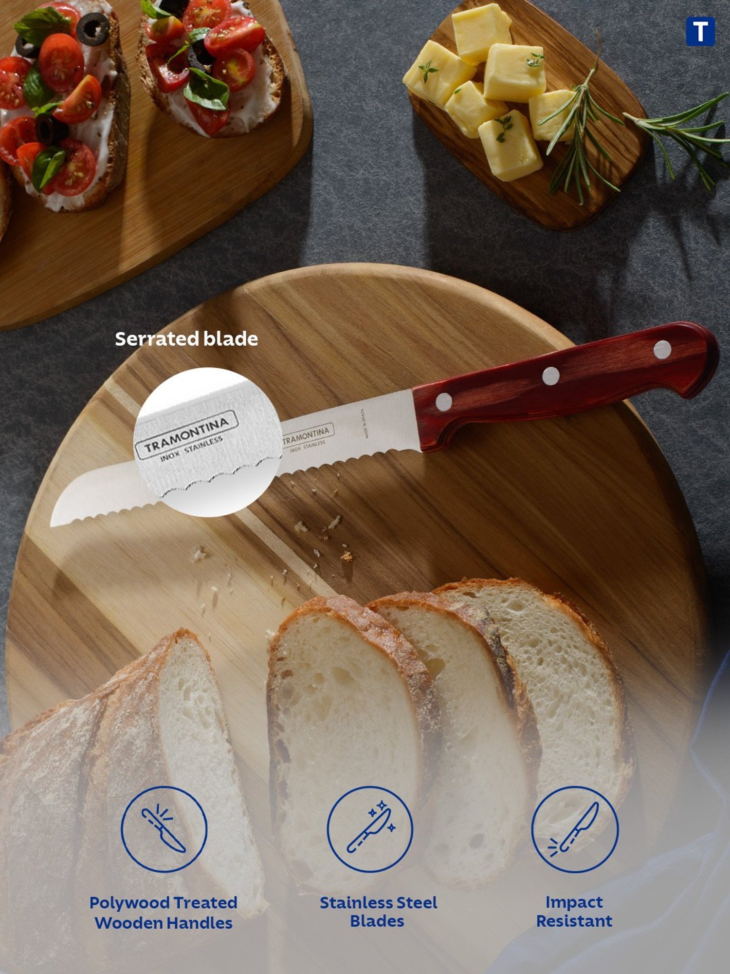 Tramontina Polywood Stainless Steel Bread Knife 7" Serrated Edge Polywood Handle Kitchen Knife