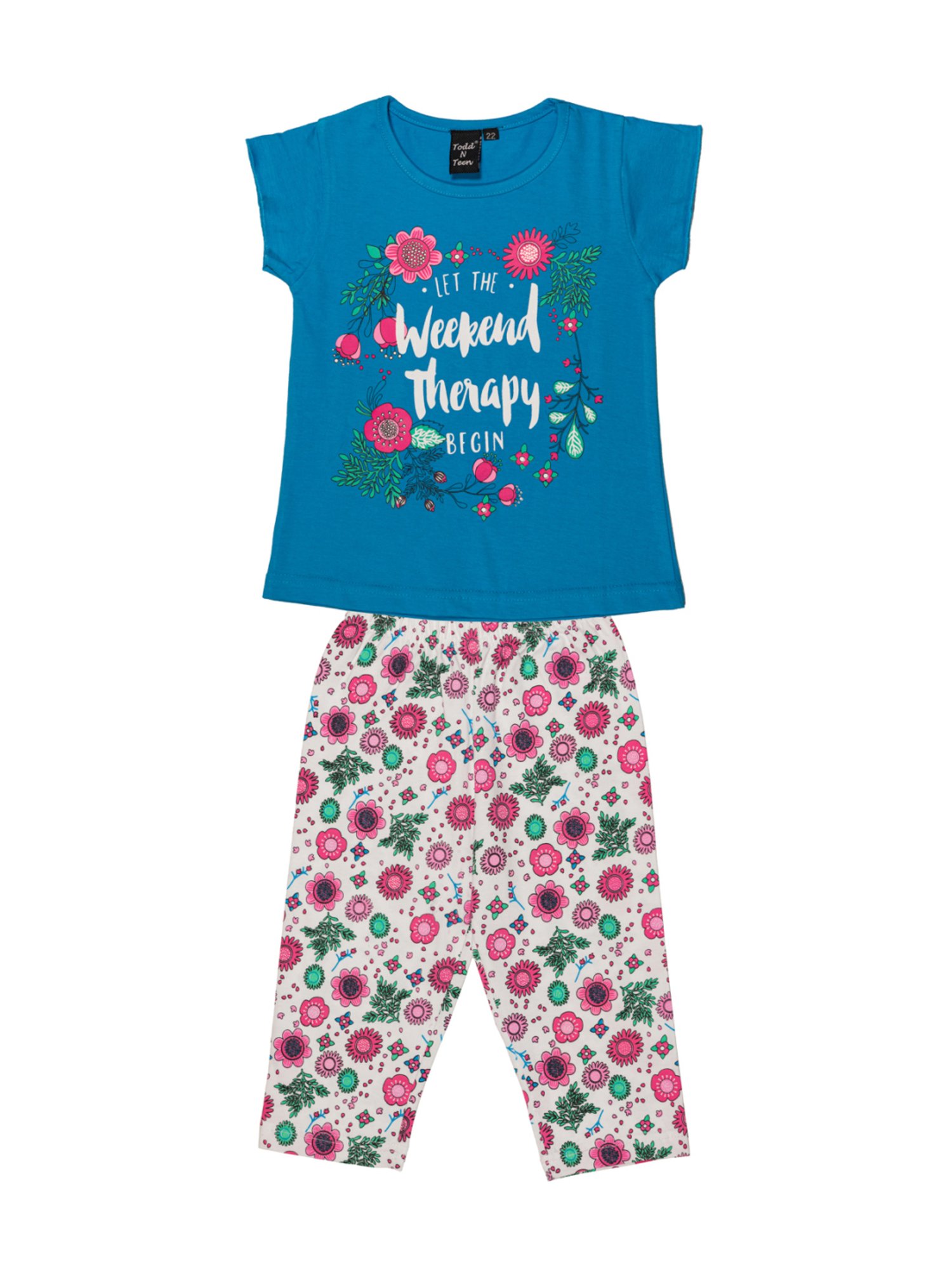 Todd N Teen Kids Blue Cotton Graphic Print T-Shirt & Pants