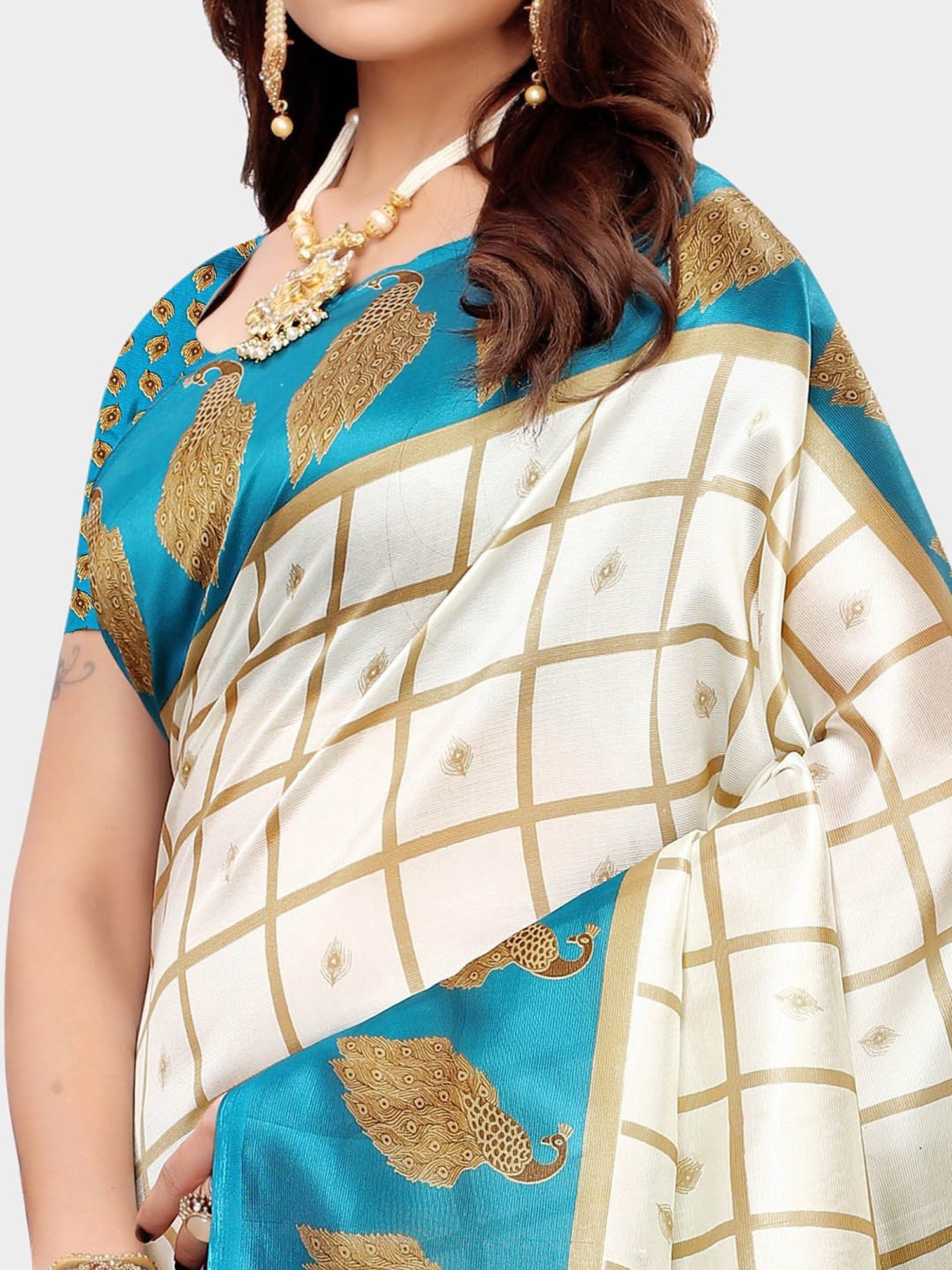 KSUT Ivory & Blue Check Saree With Blouse