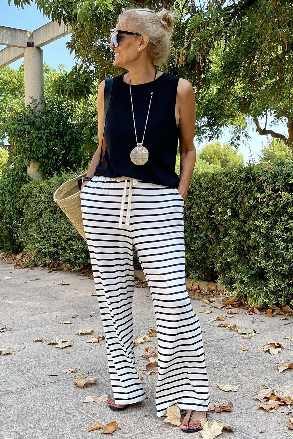 Karen Kane Cropped Wide Leg Linen Blend Striped Pants
