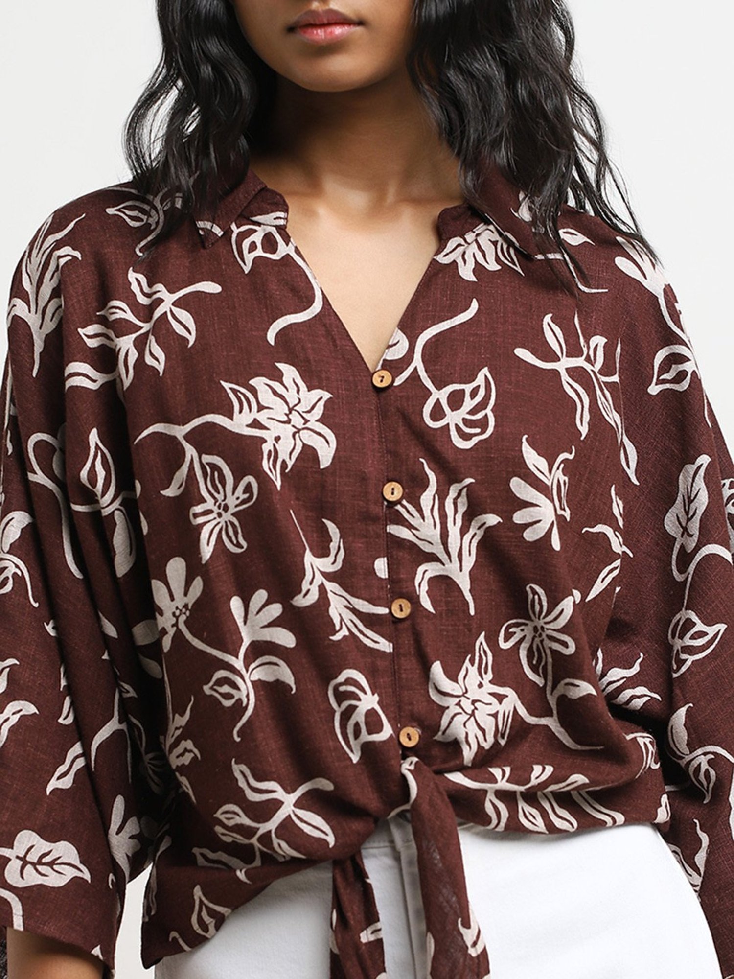 LOV by Westside Brown Floral Print Blended Linen Blouse