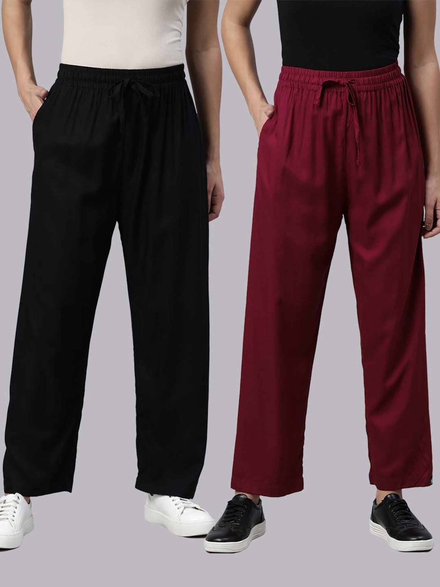 TWIN BIRDS Black & Maroon Regular Fit Pants - Set Of 2