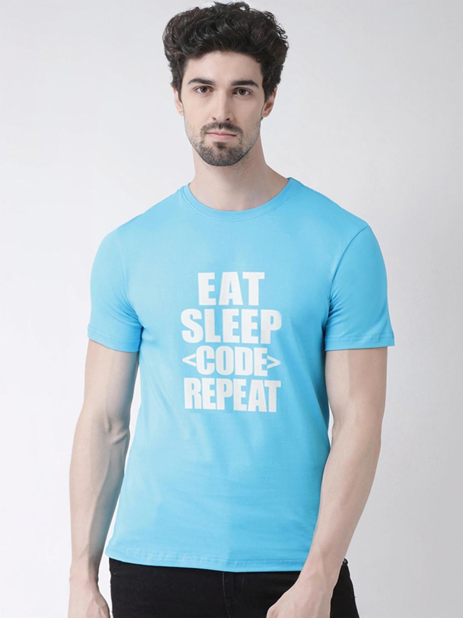 Friskers Turquoise Blue Cotton Slim Fit Printed T-Shirt