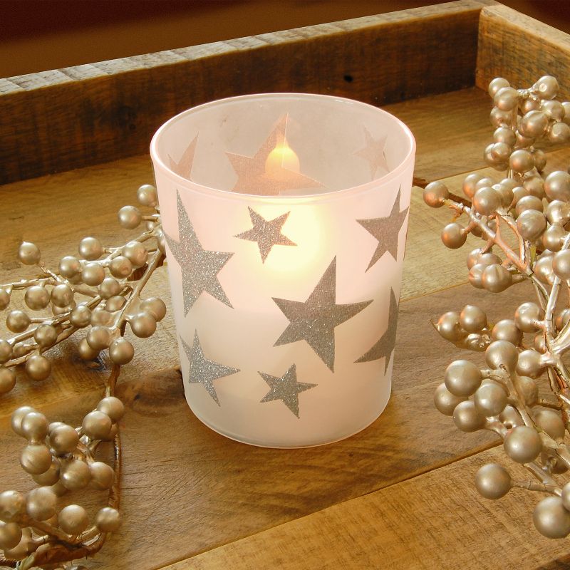 2ct LED Wax Candles Filled in Glass Holders With 2 Timers "Gold Stars" Candle - LumaBase