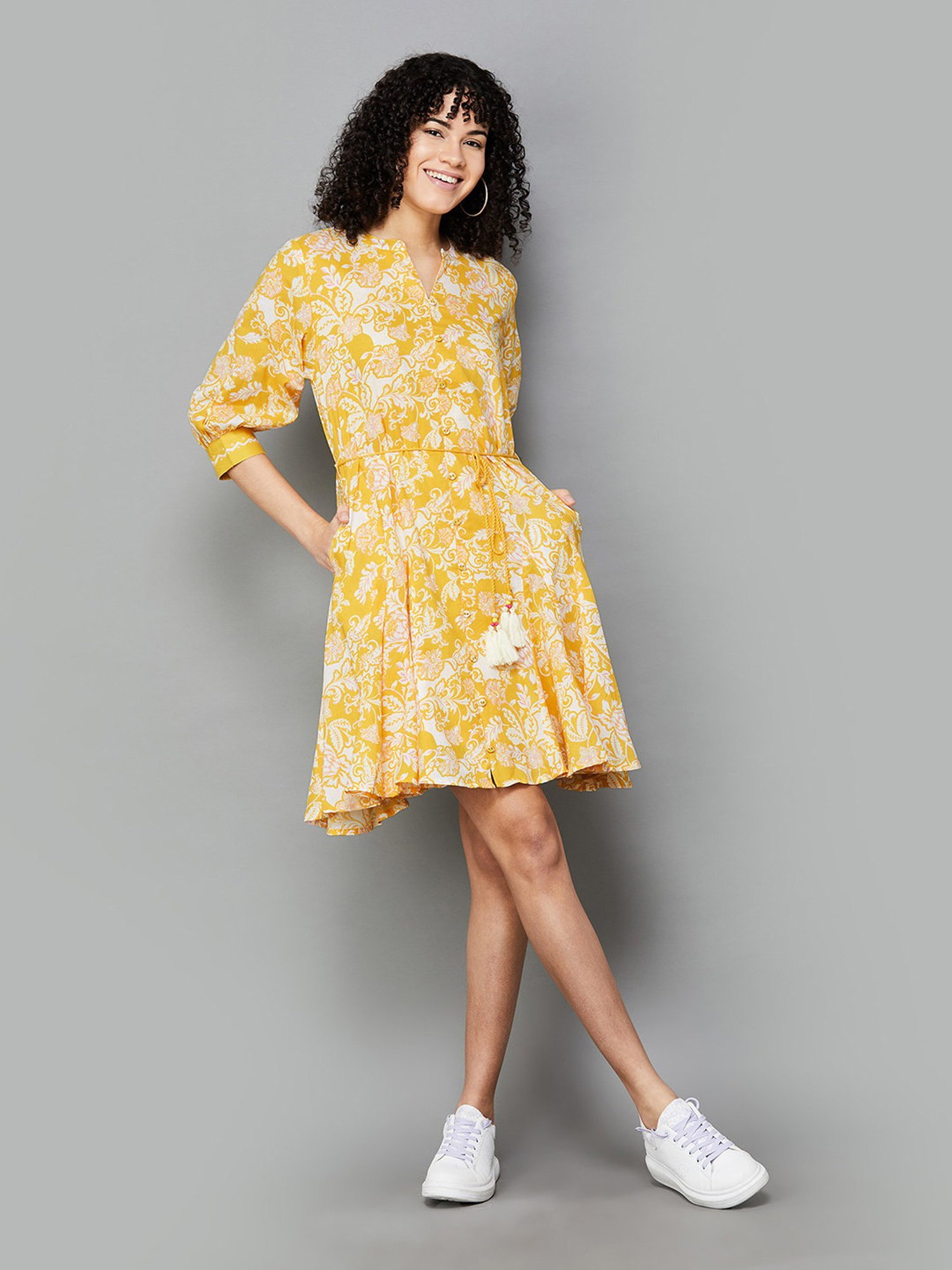 Colour Me by Melange Mustard & White Cotton Floral Print Shirt Dress