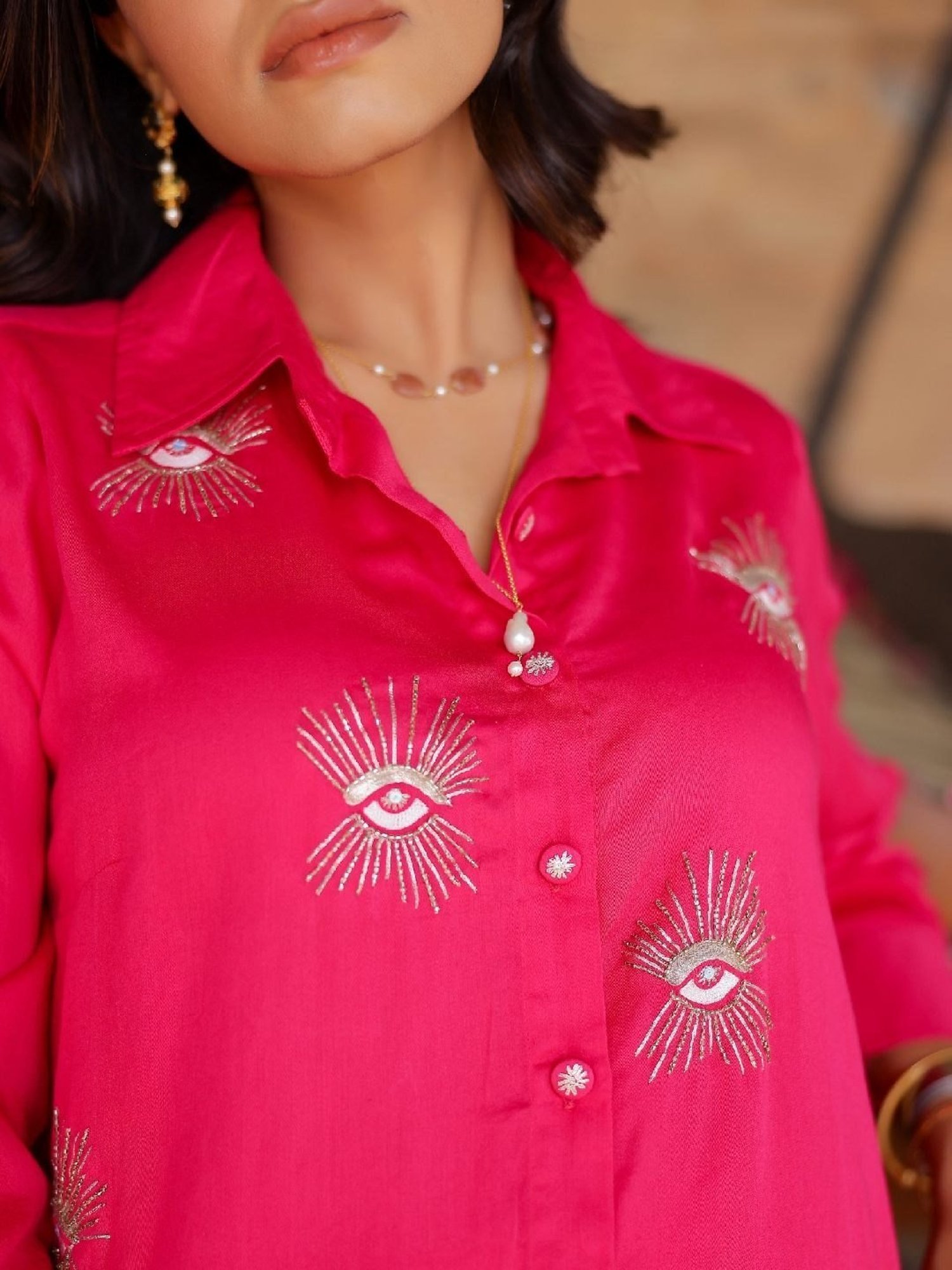 Gulaal Hot Pink Evil Eye Embroidered Shirt with Pant Co-ord Set