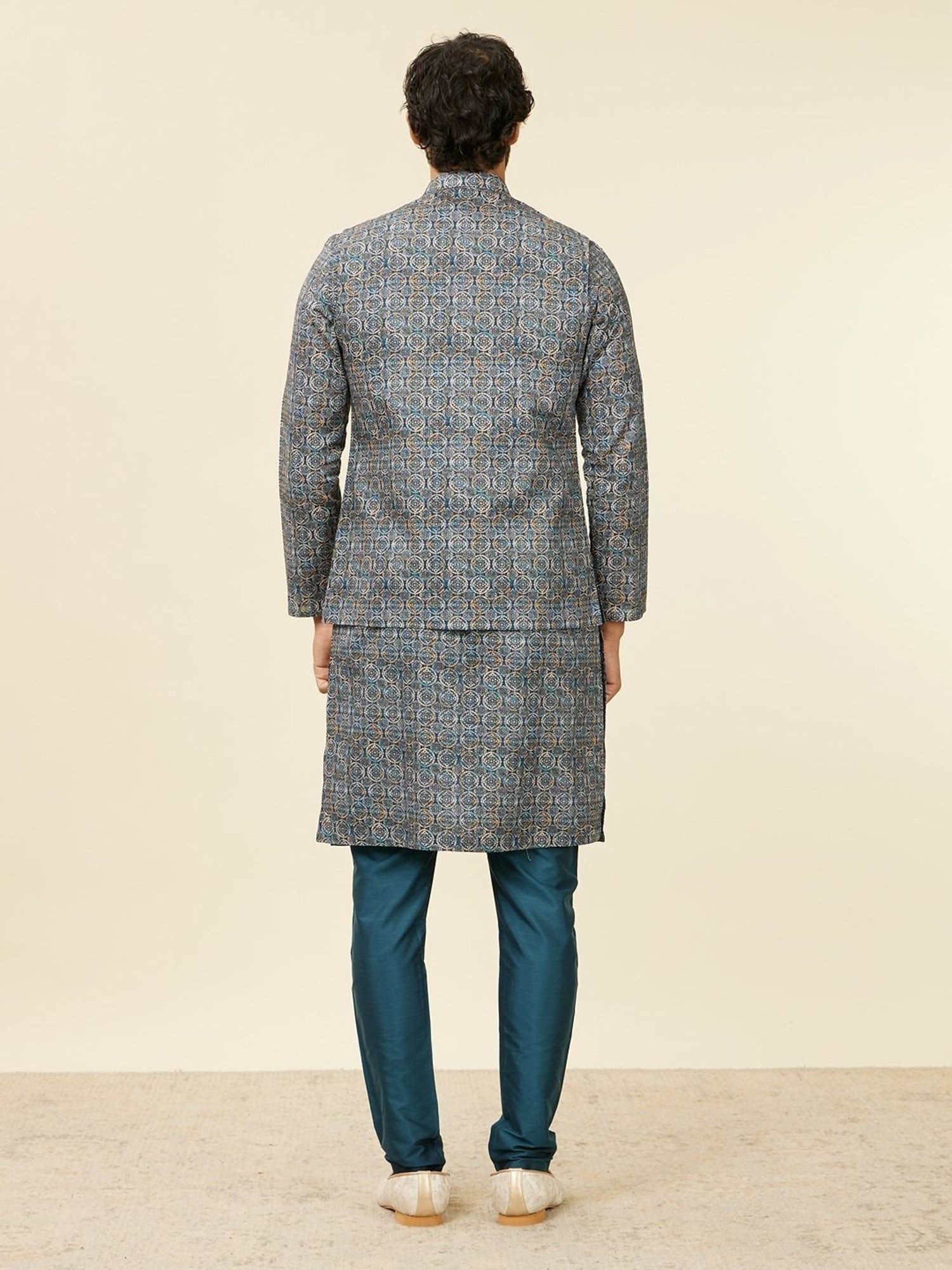 Manyavar Dark Blue Printed Nehru Jacket