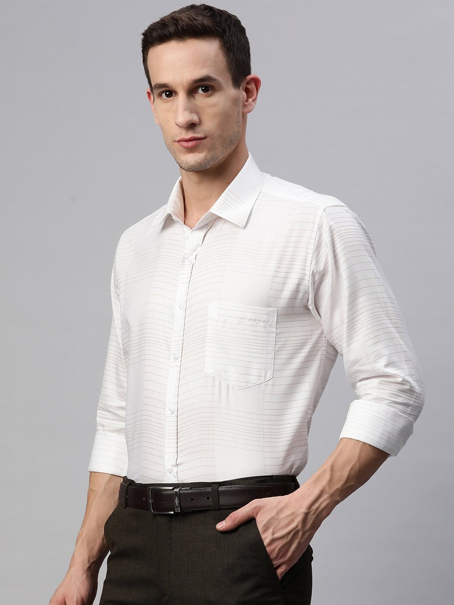 ManQ White & Beige Regular Fit Striped Shirt