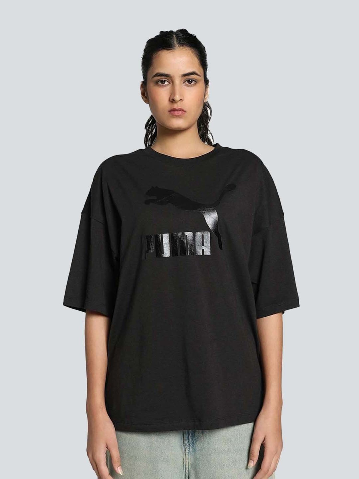 Puma Black Cotton Logo Print T-Shirt