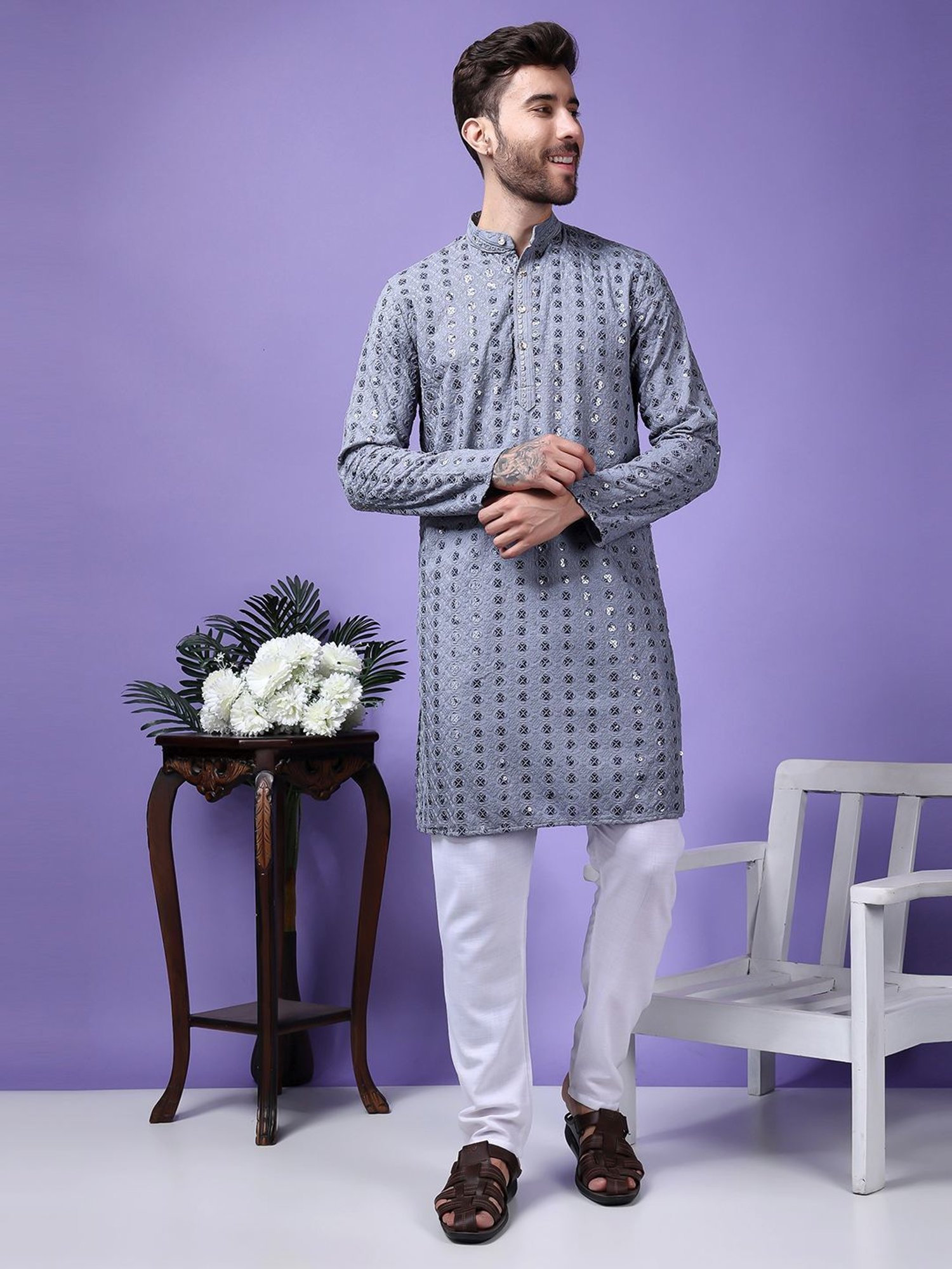 Hangup Grey & White Regular Fit Embellished Kurta Bottom Set