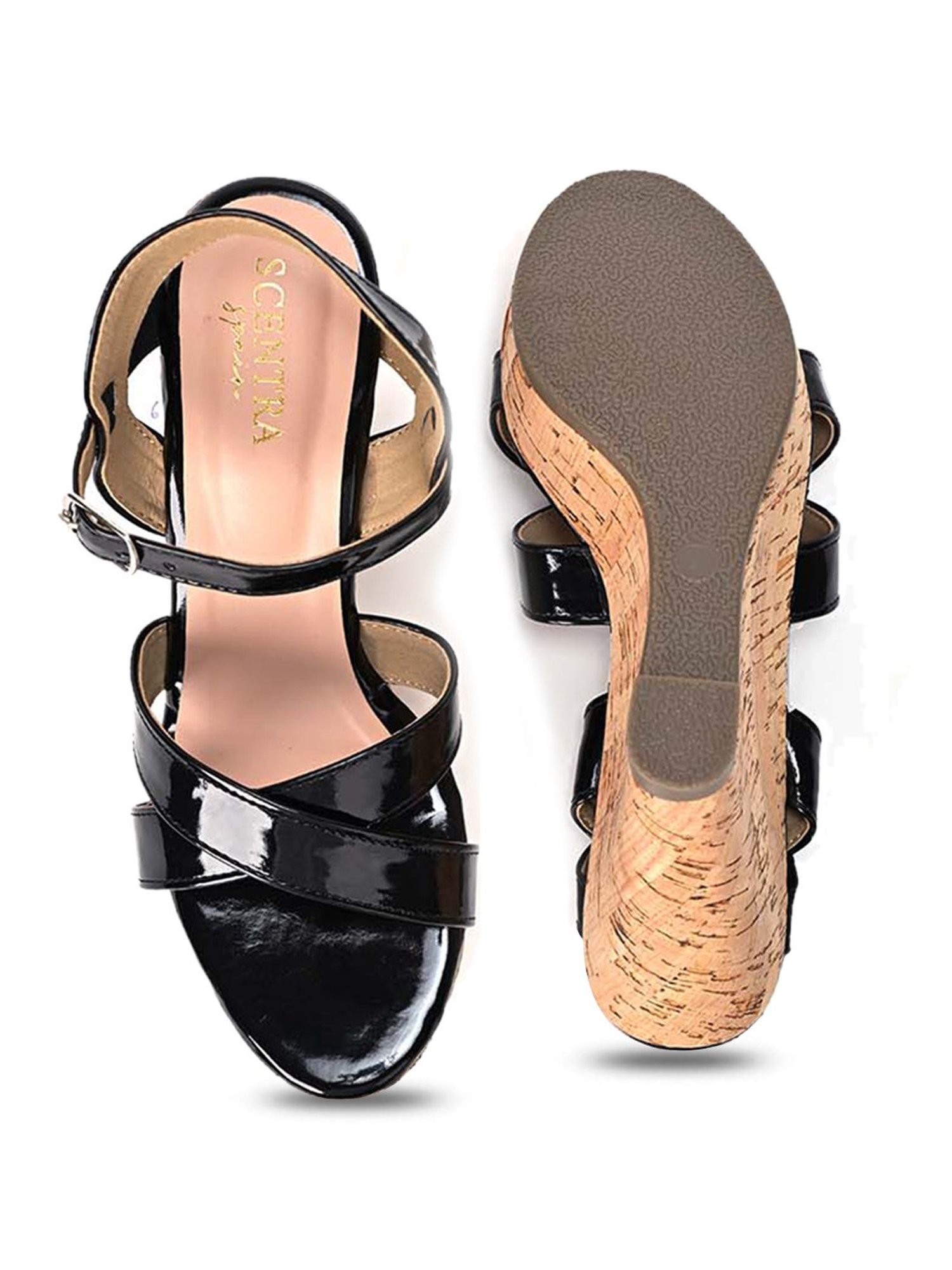 Scentra Women's Black Ankle Strap Wedges