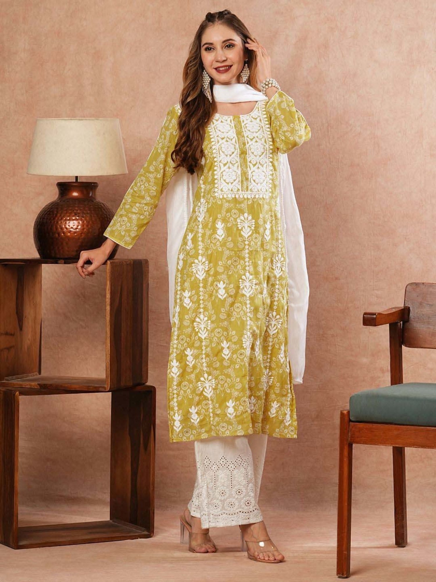 Fashor Yellow Cotton Embroidered Kurta & Palazzo Set With Dupatta