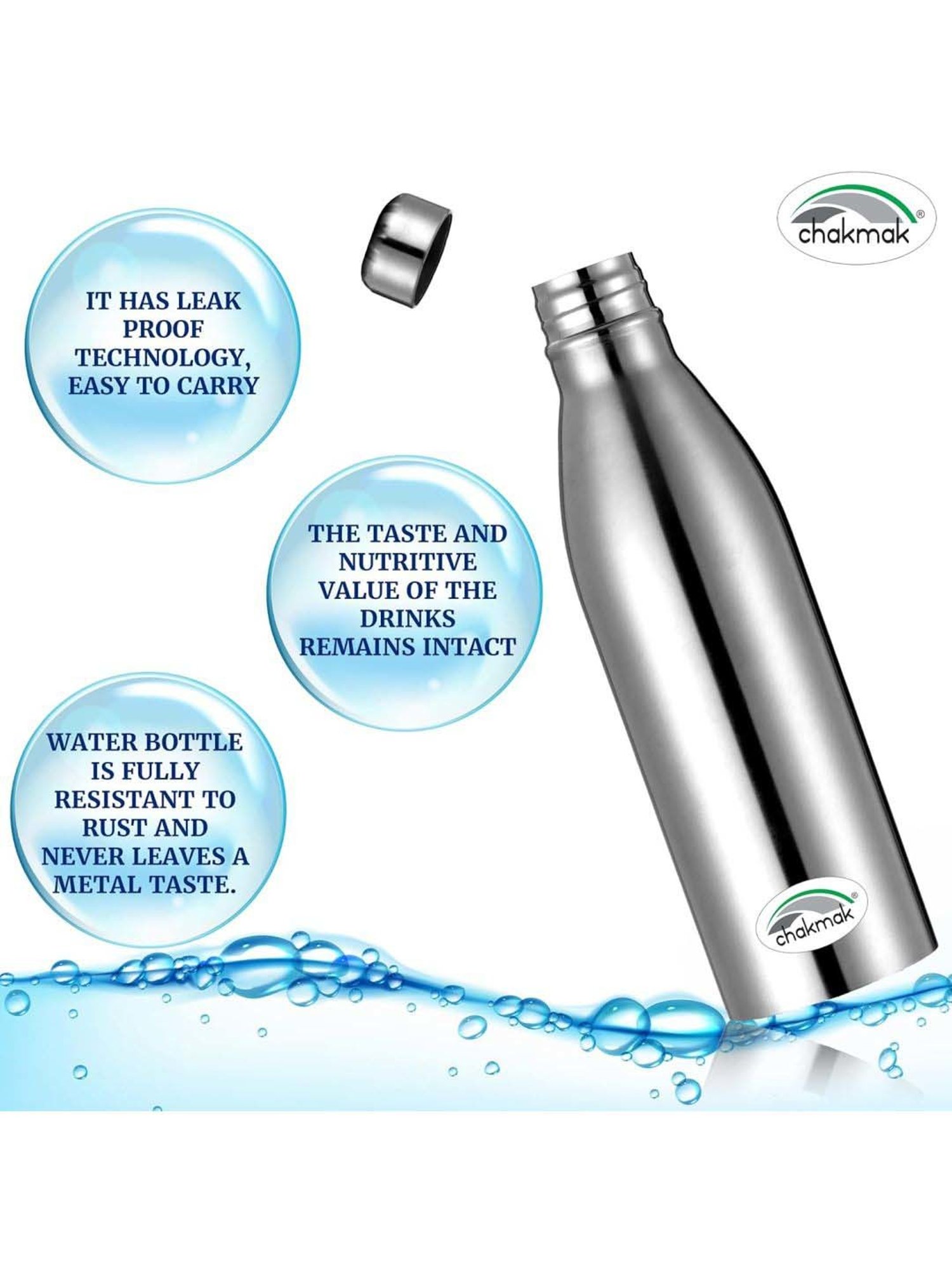 Chakmak Silver Stainless Steel Water Bottle - Set of 6