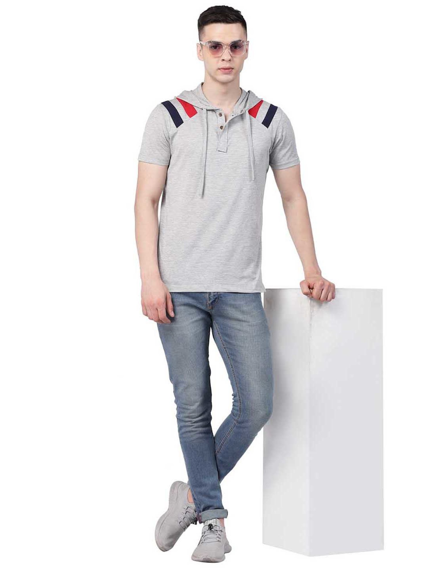 Kalt Light Grey Melange Regular Fit Striped Hooded T-Shirt