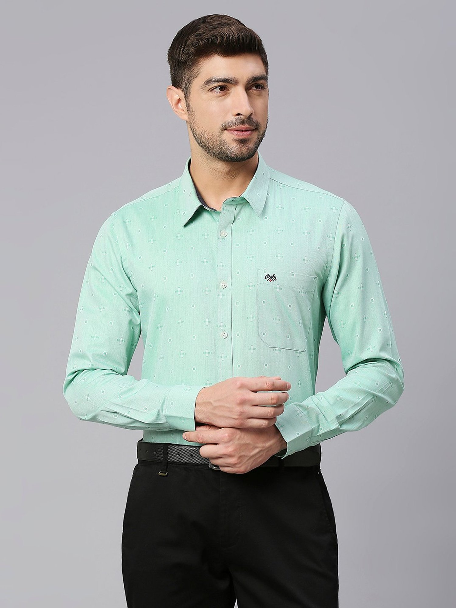 Thomas Scott Light Green Slim Fit Self Design Cotton Shirt
