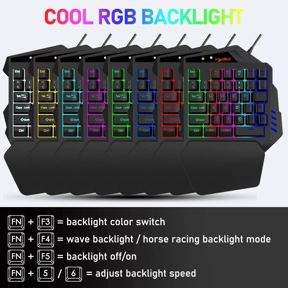 One Hand Gaming Keyboard and Lightweight Honeycomb Mouse Combo Portable with 35 Keys Rainbow RGB Backlight Ergonomic Wrist Rest Mouse-pad Adjustable Mice DPI USB Wired Only for PS4 X-Box Game Console