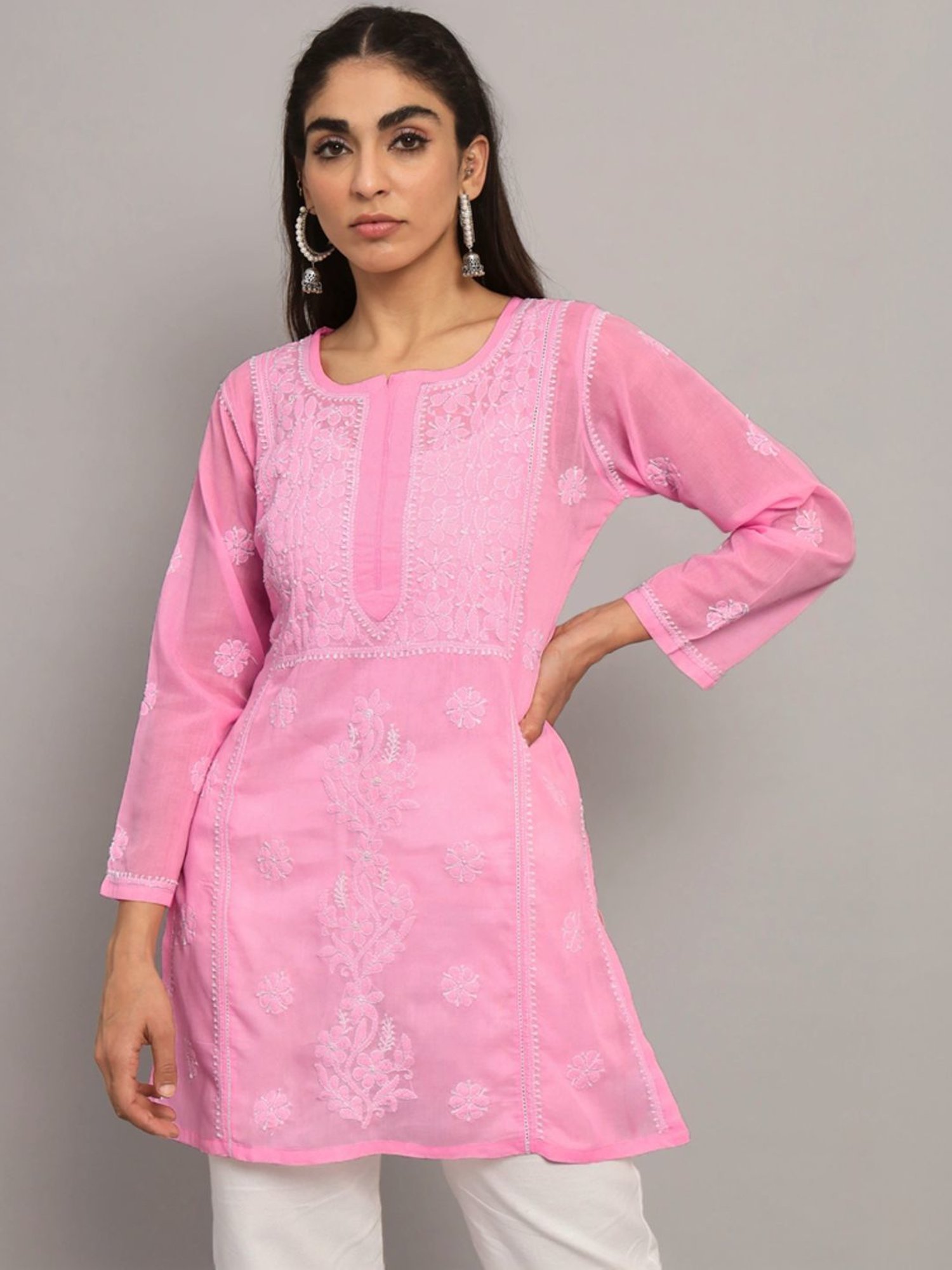 PARAMOUNT CHIKAN Dusty Rose Cotton Hand Embroidered Chikankari Straight Kurti