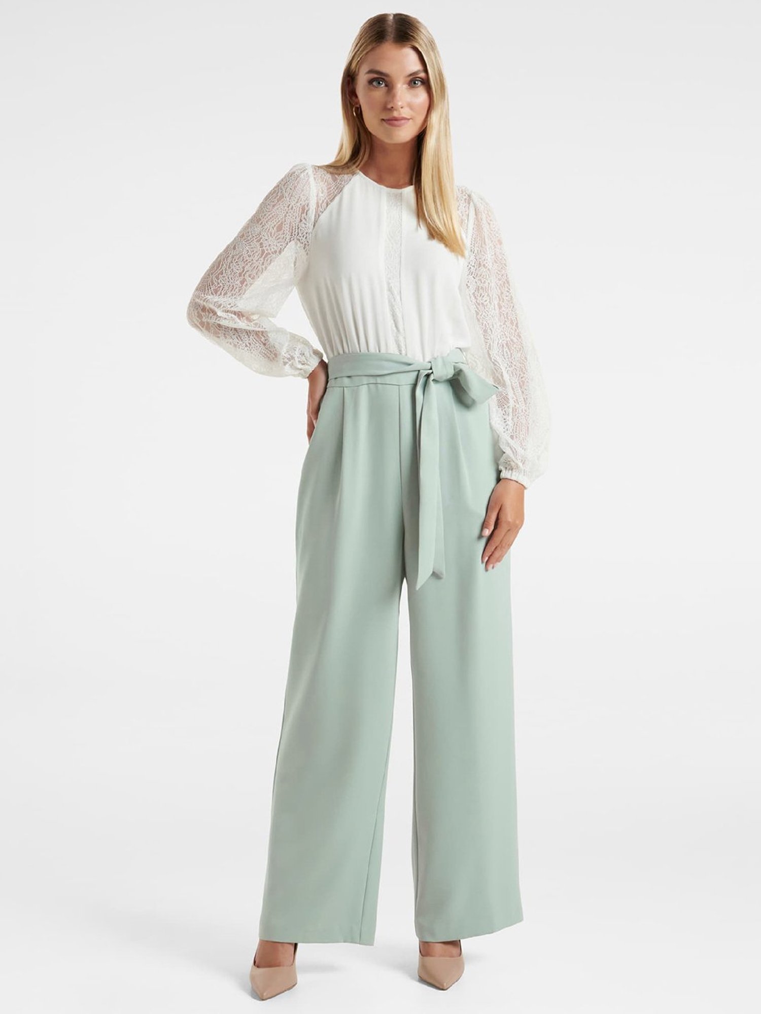Forever New Sage Green & White Lace Jumpsuit