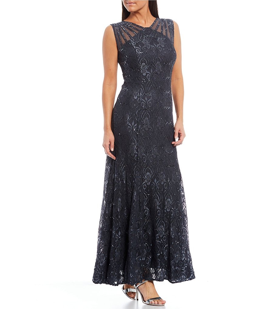 R & M Richards Illusion Shoulder Sleeveless Lace Gown