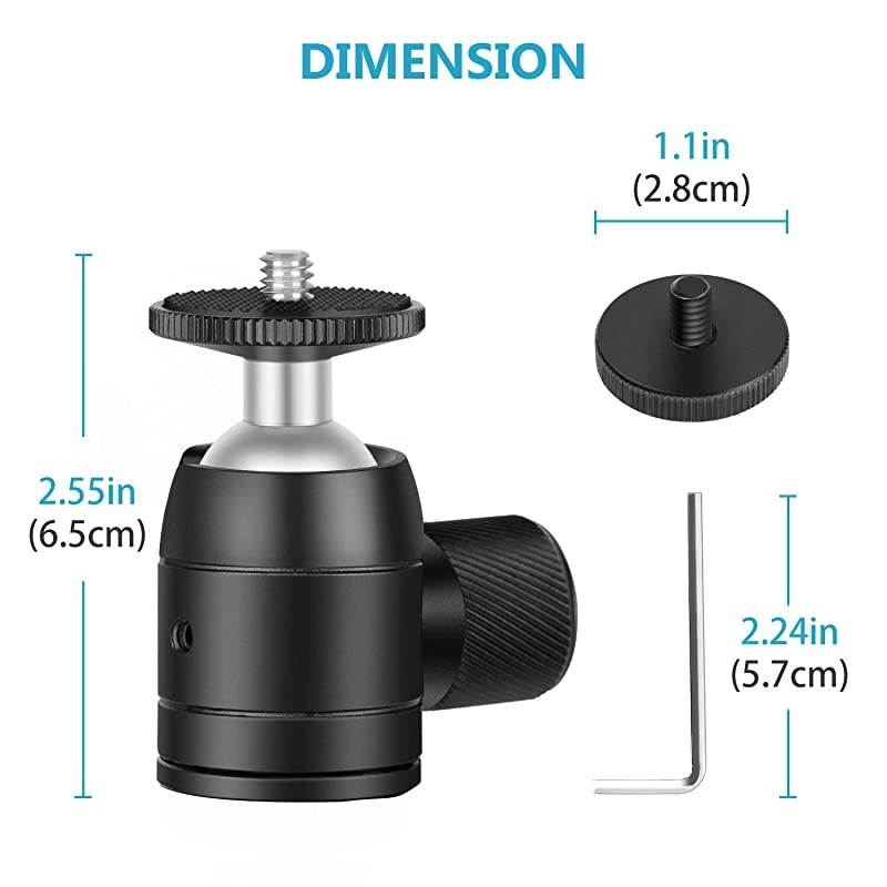 Mini Ball Head 14 inch Screw 360 Degree Rotatable Tripod Head with Lock and Hot Shoe Mount Adapter for LED LightRing Light Tripod Monopod Slider Camera Load Up to 66 pounds3 kilograms